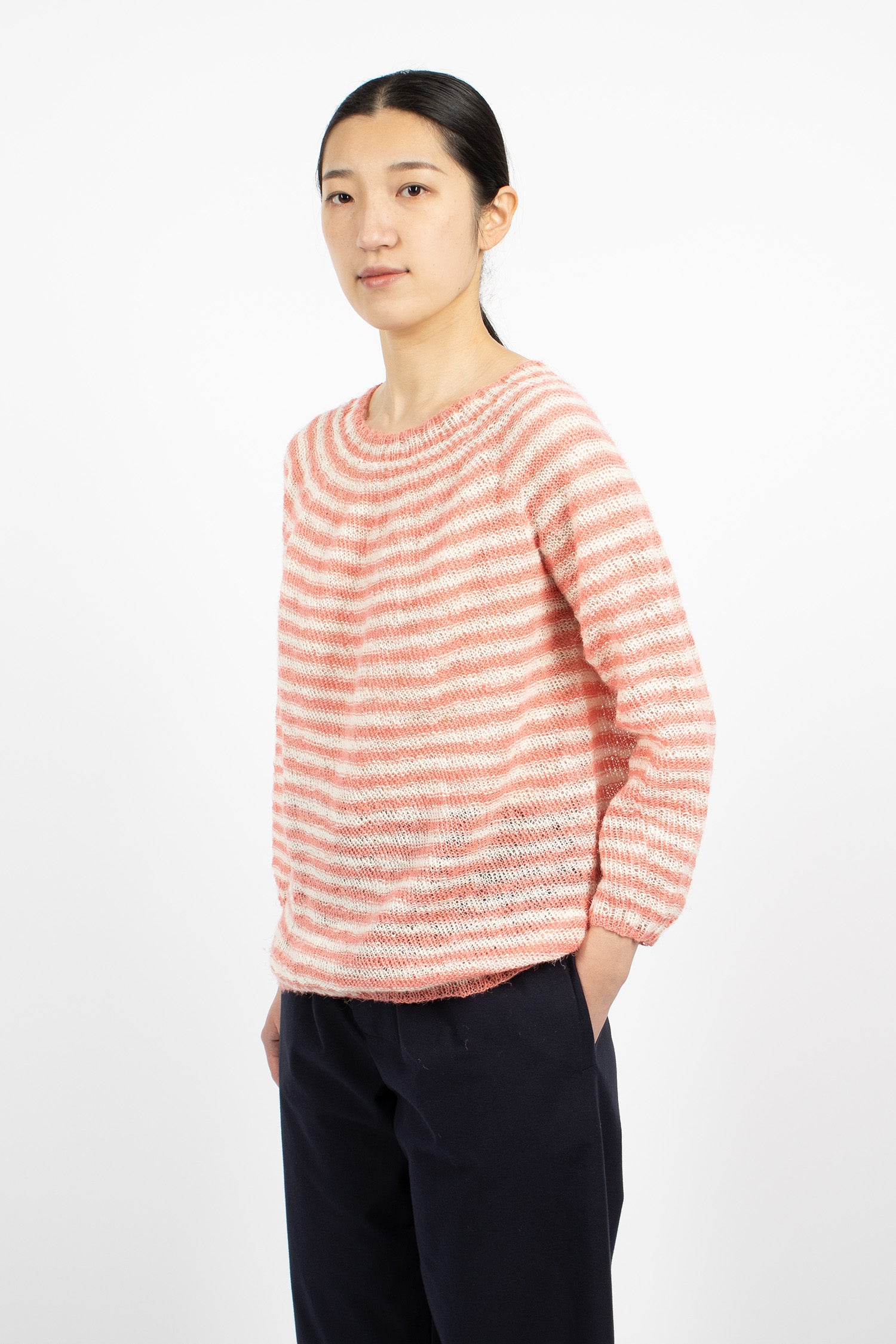 Hand-Knitted Crew Neck Sweater Pink/White