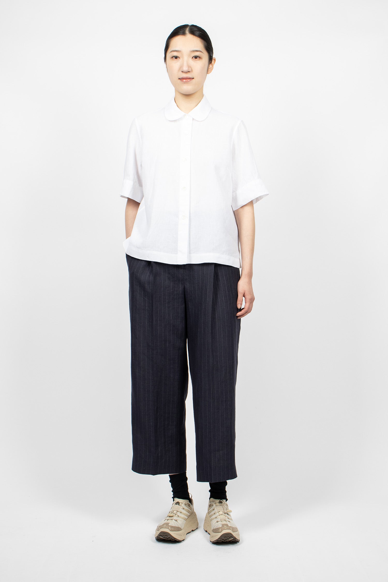 Pleated Front Cropped Trousers Navy/Grey