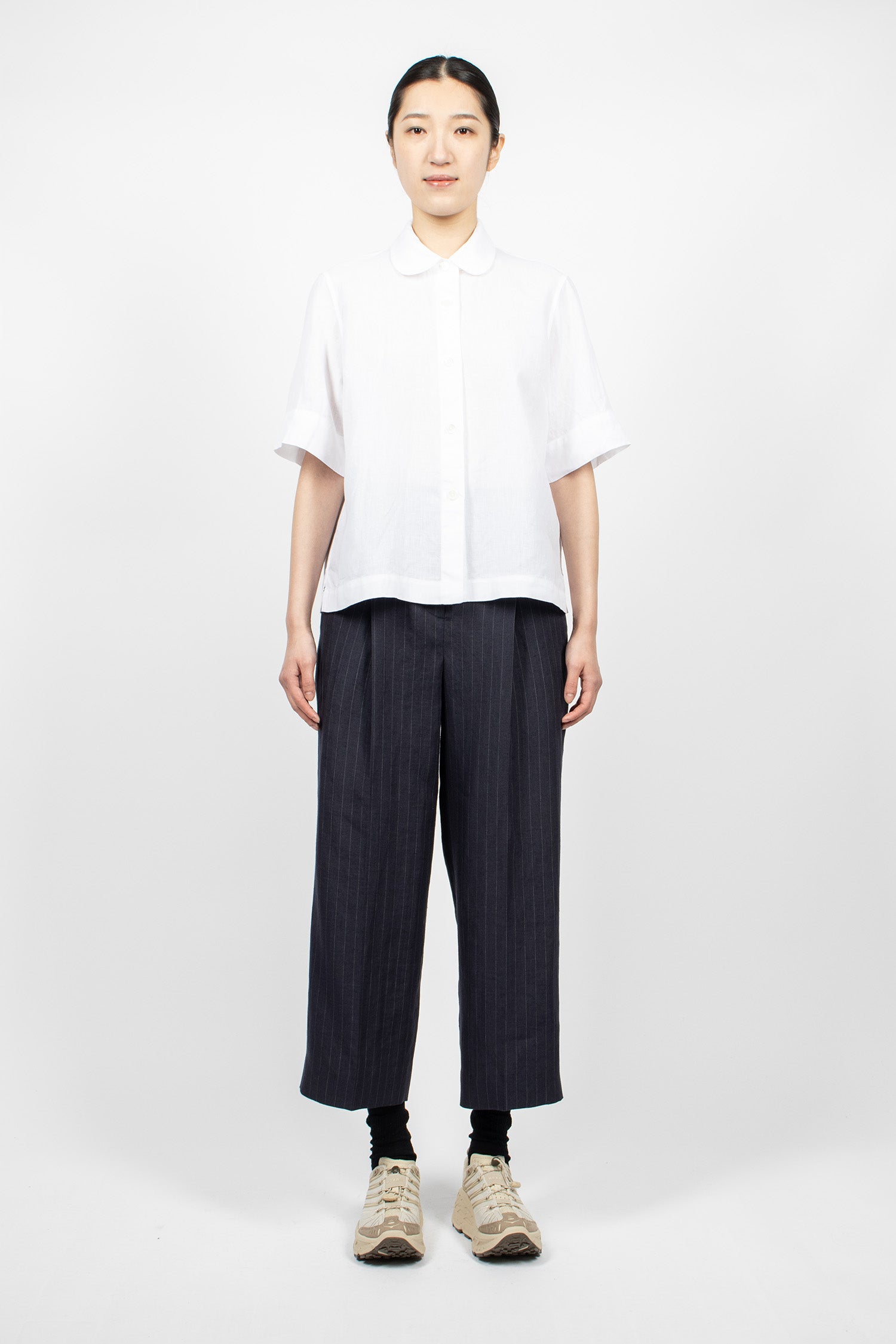 Pleated Front Cropped Trousers Navy/Grey