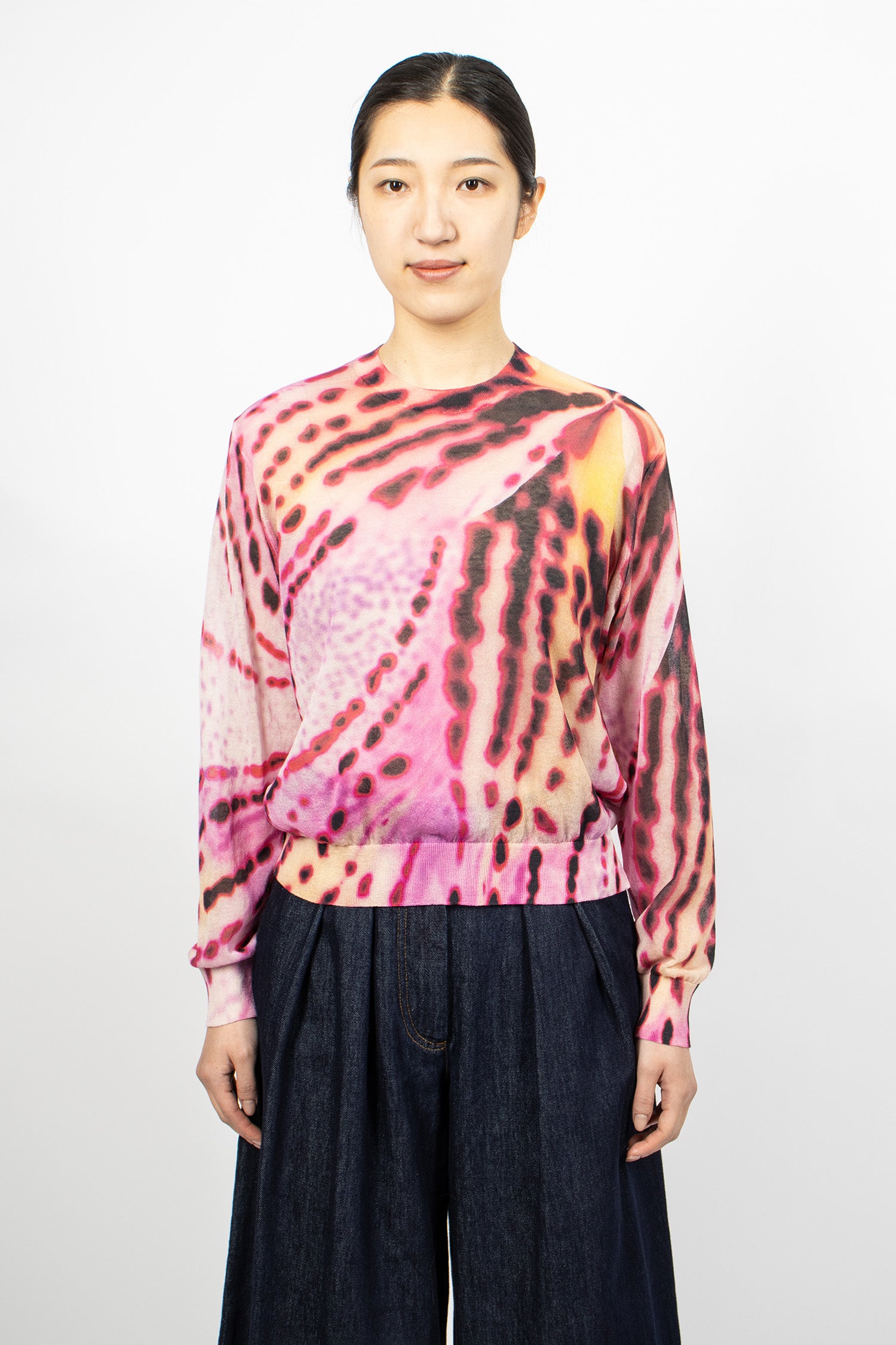 Sheer Floral Print Sweater Pink