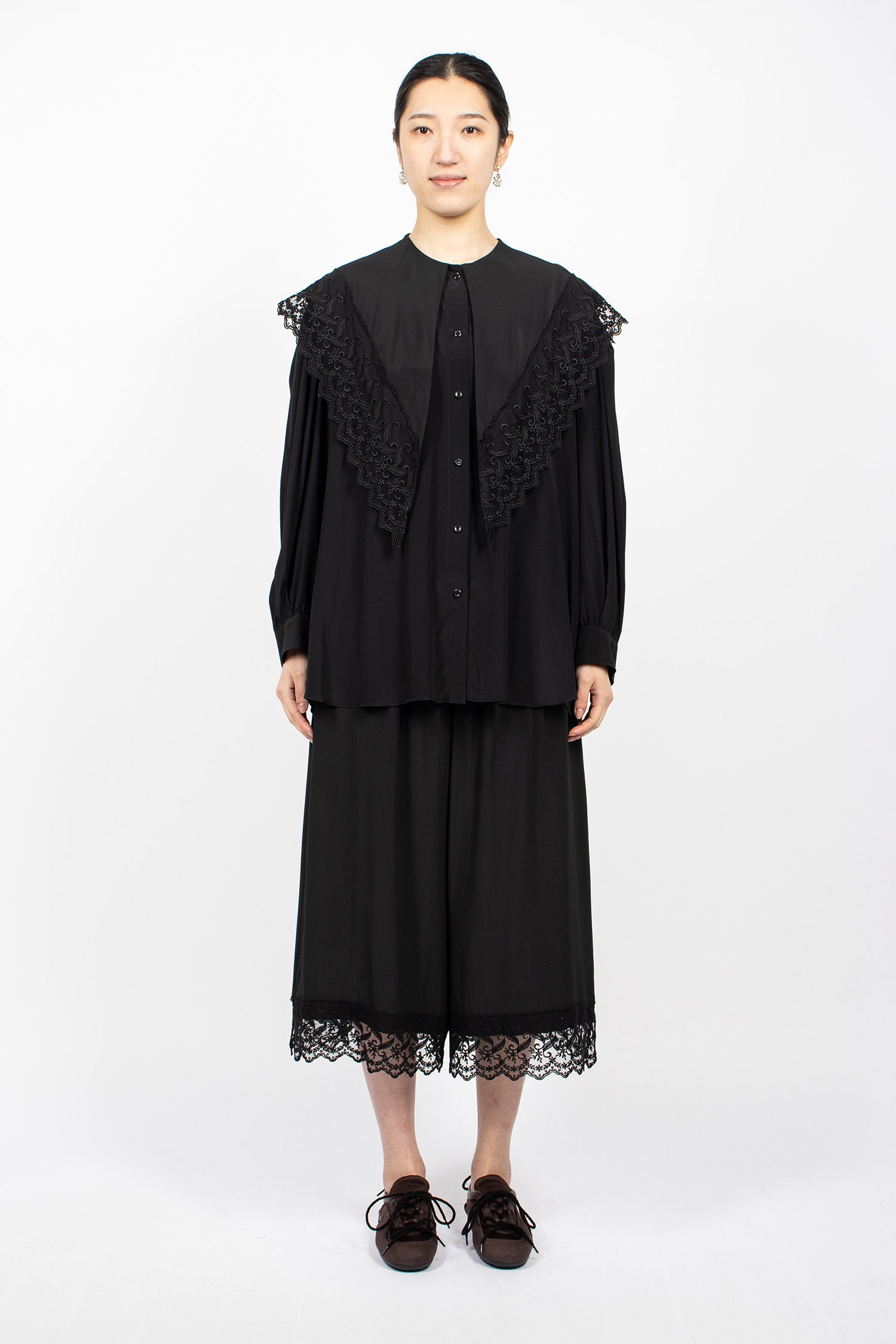 Cropped Lace Trim Negligee Trousers Black