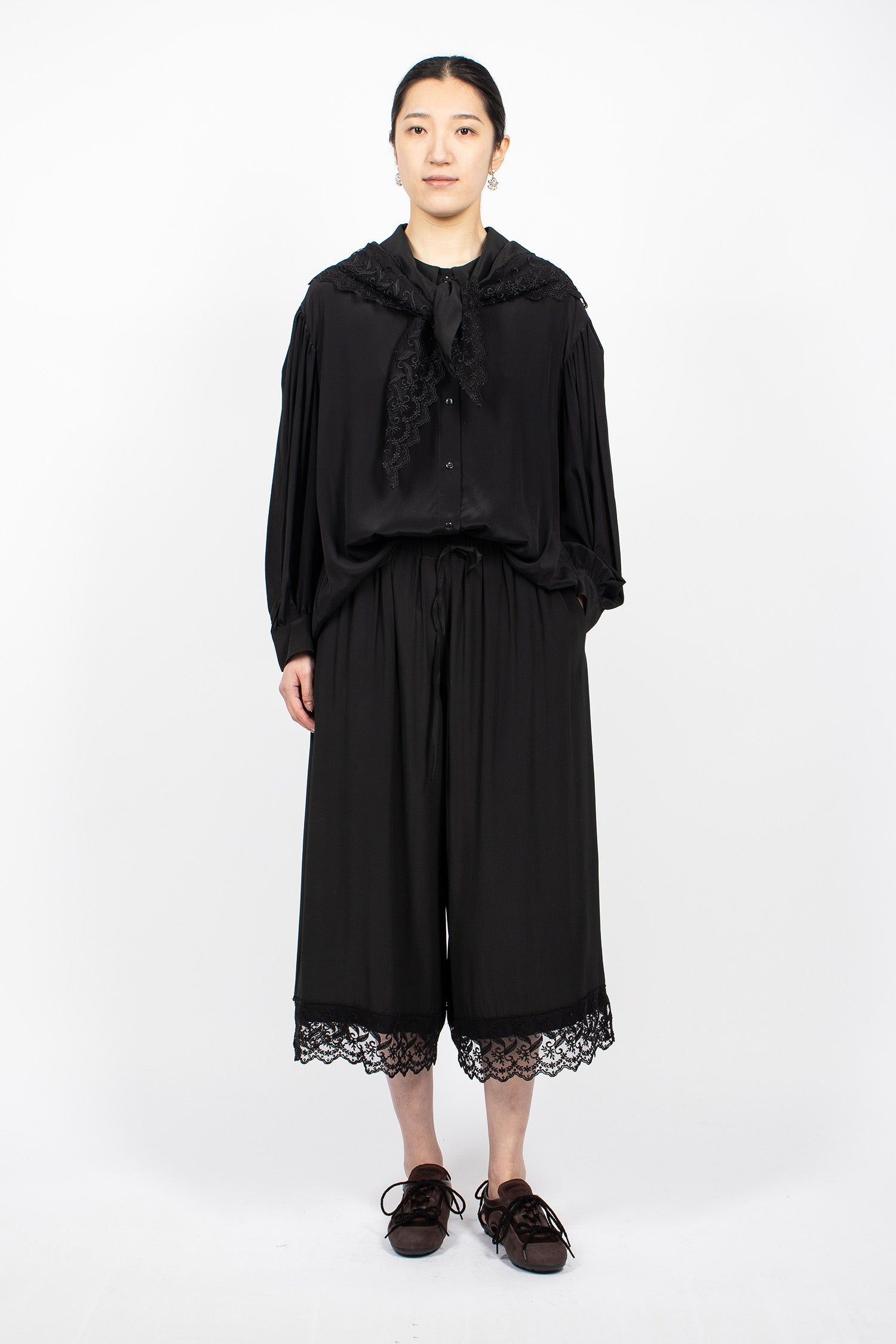 Cropped Lace Trim Negligee Trousers Black