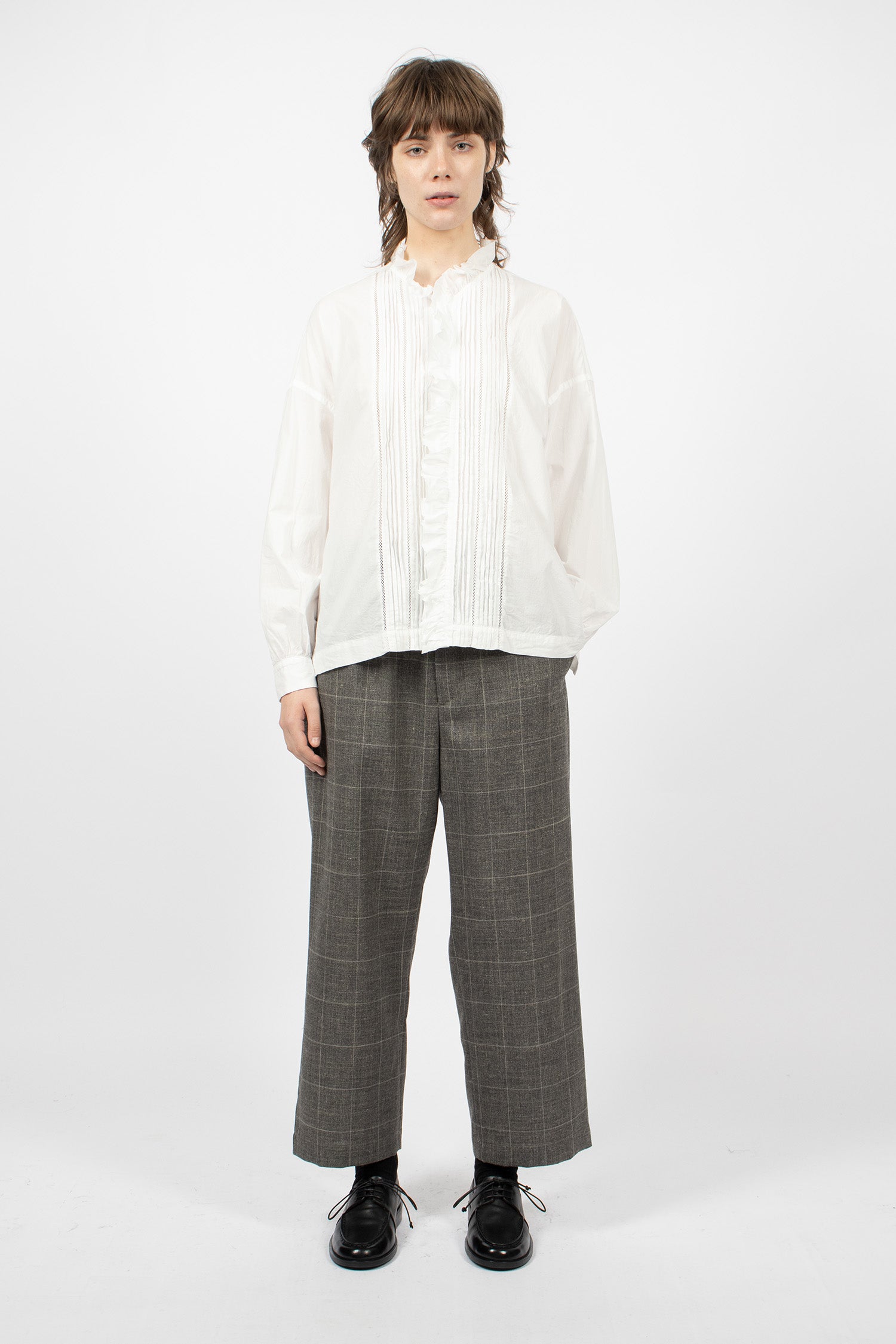 Lace Pin Tuck Ruffle Shirt White