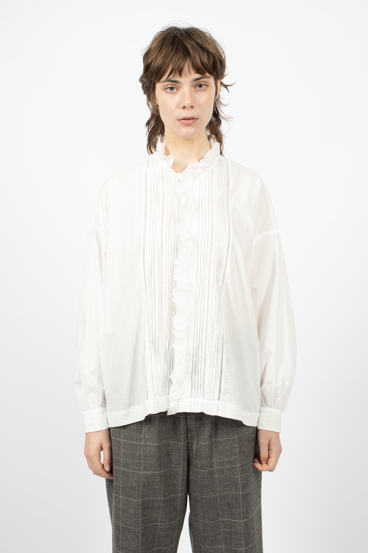 Lace Pin Tuck Ruffle Shirt White