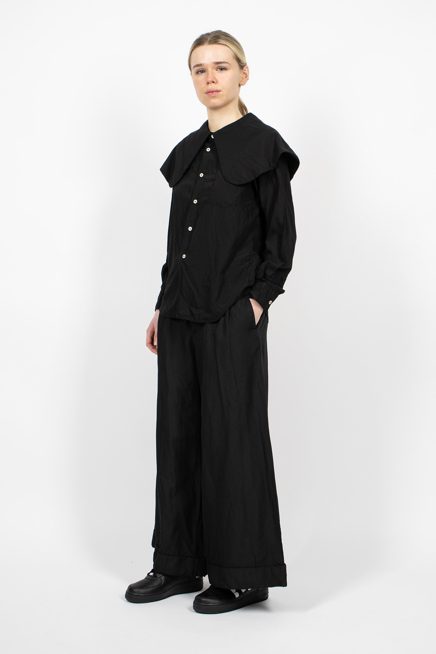 Wide Leg Twill Pants Black