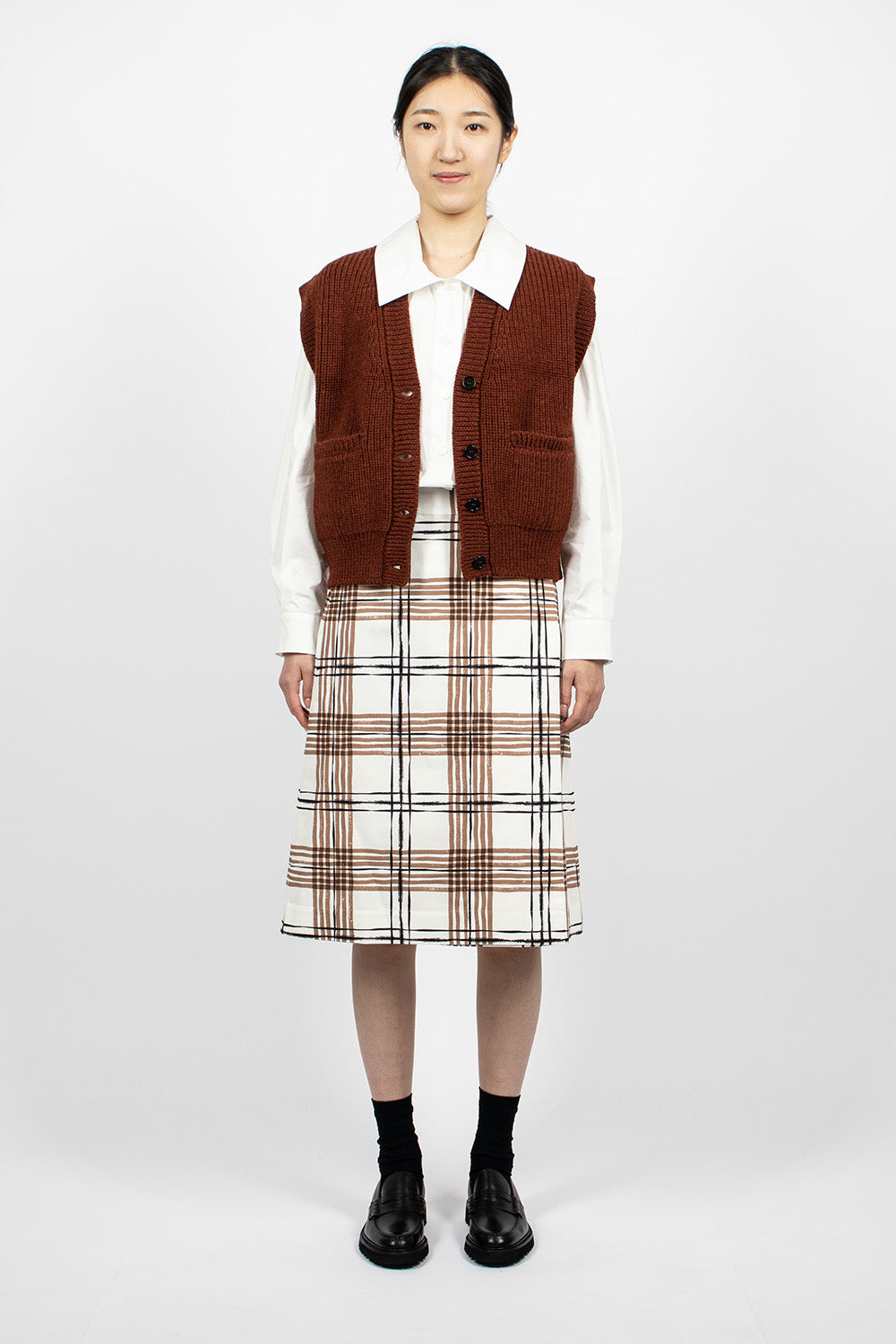 Painted Check Wrap Skirt Off-white/Black/Tan