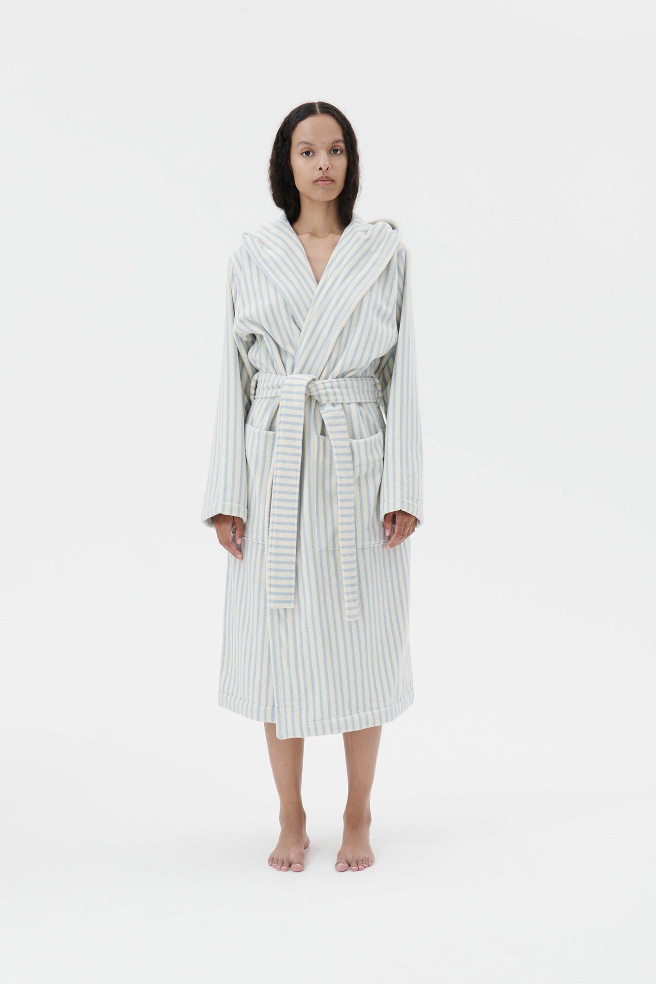 Hooded Bathrobe Soft Blue Stripe
