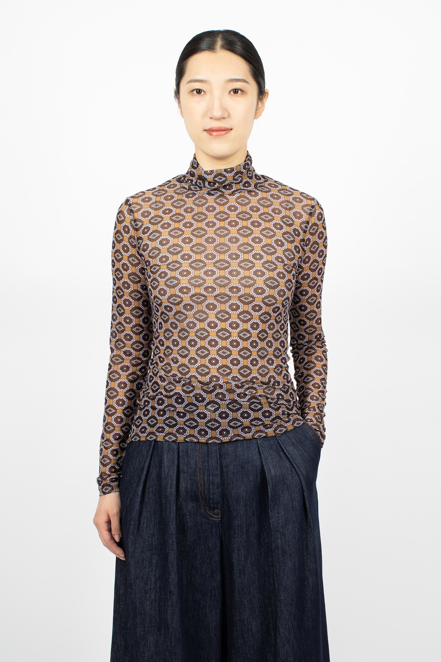Printed Turtleneck Tee Brown