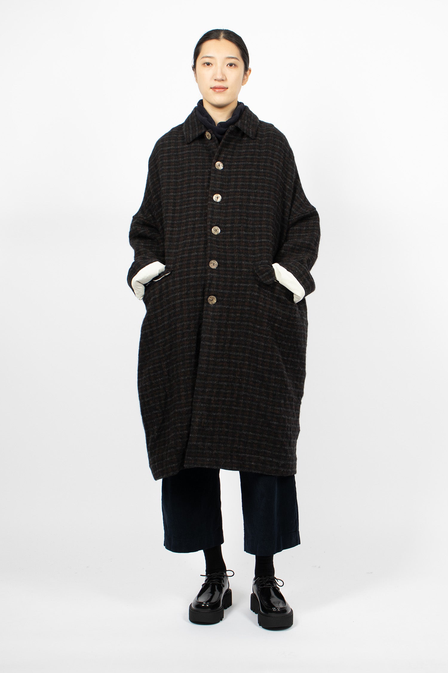 UP#U4553 Upcycled Checked Crash Wool Coat Black