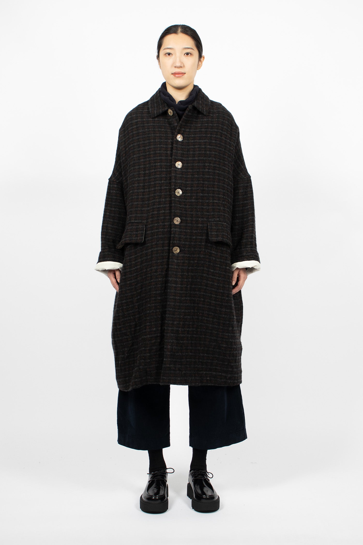 UP#U4553 Upcycled Checked Crash Wool Coat Black