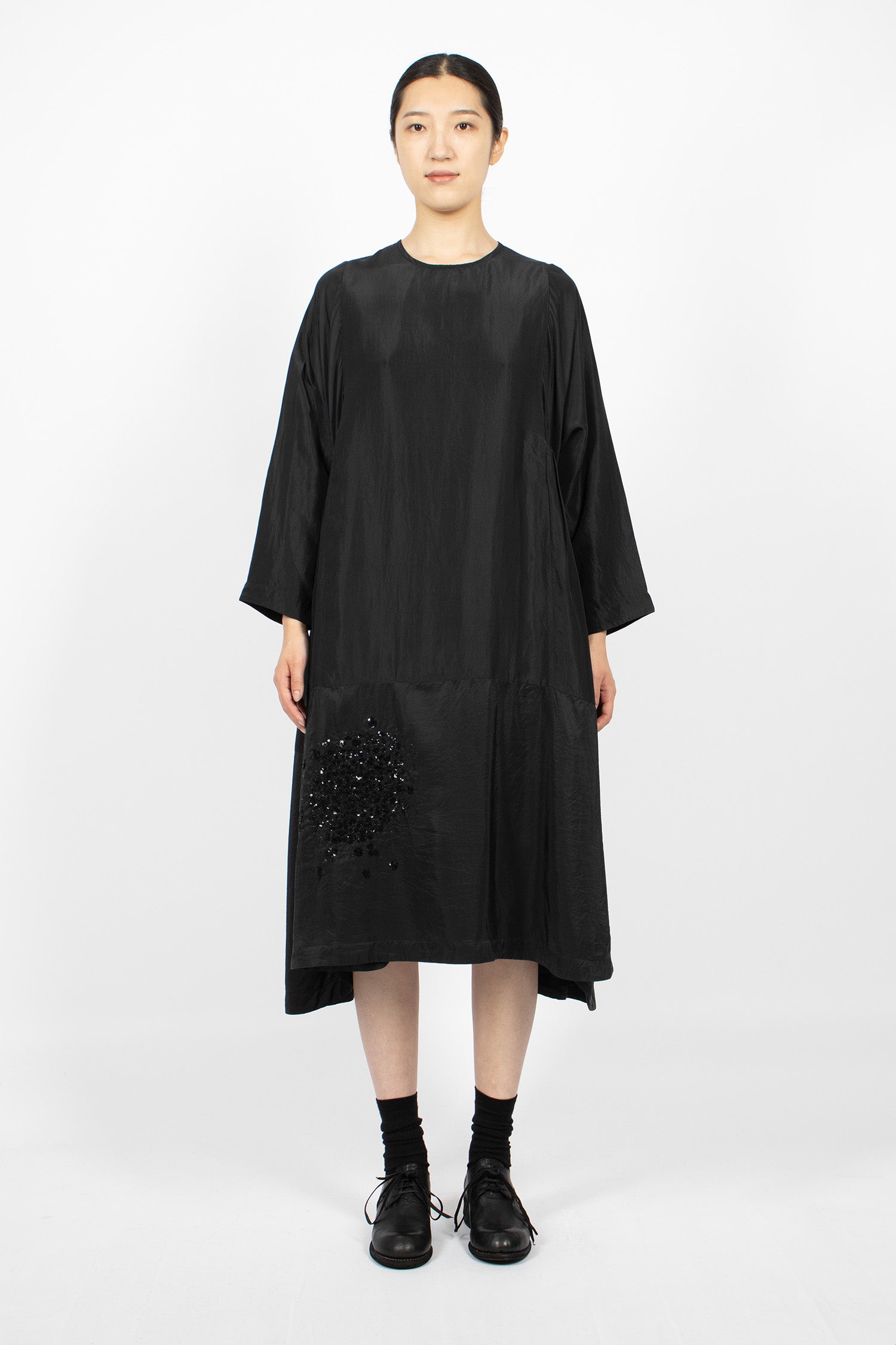 Sequins Cell Gathered Silk Dress Black