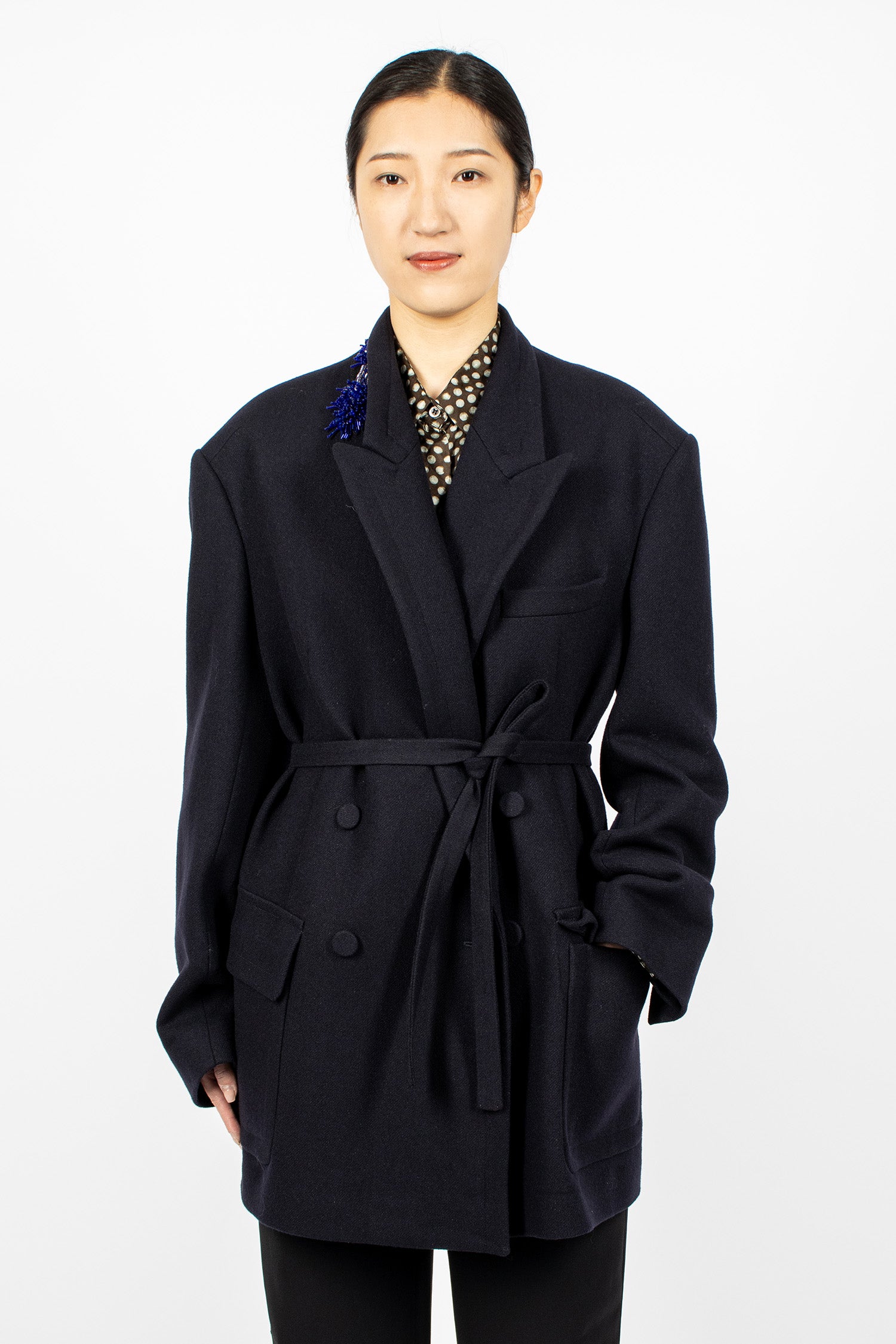 Embroidered Wool Blazer Navy