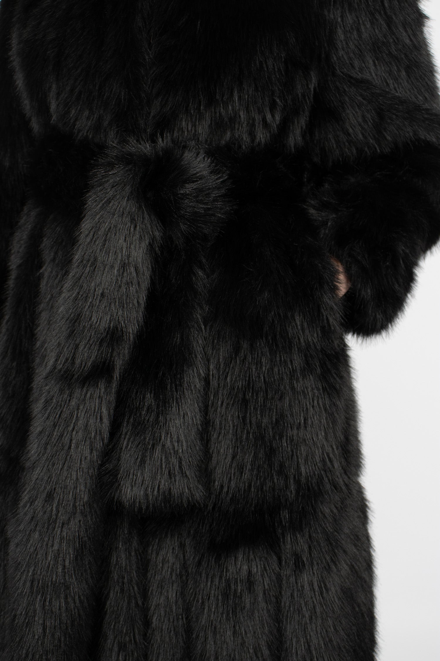Faux Fur Belted Multi Slit Coat Black