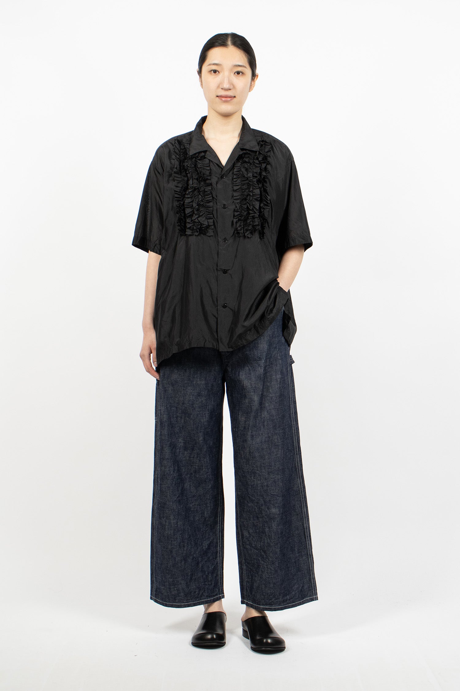 S/S Frill Silk Shirt Black