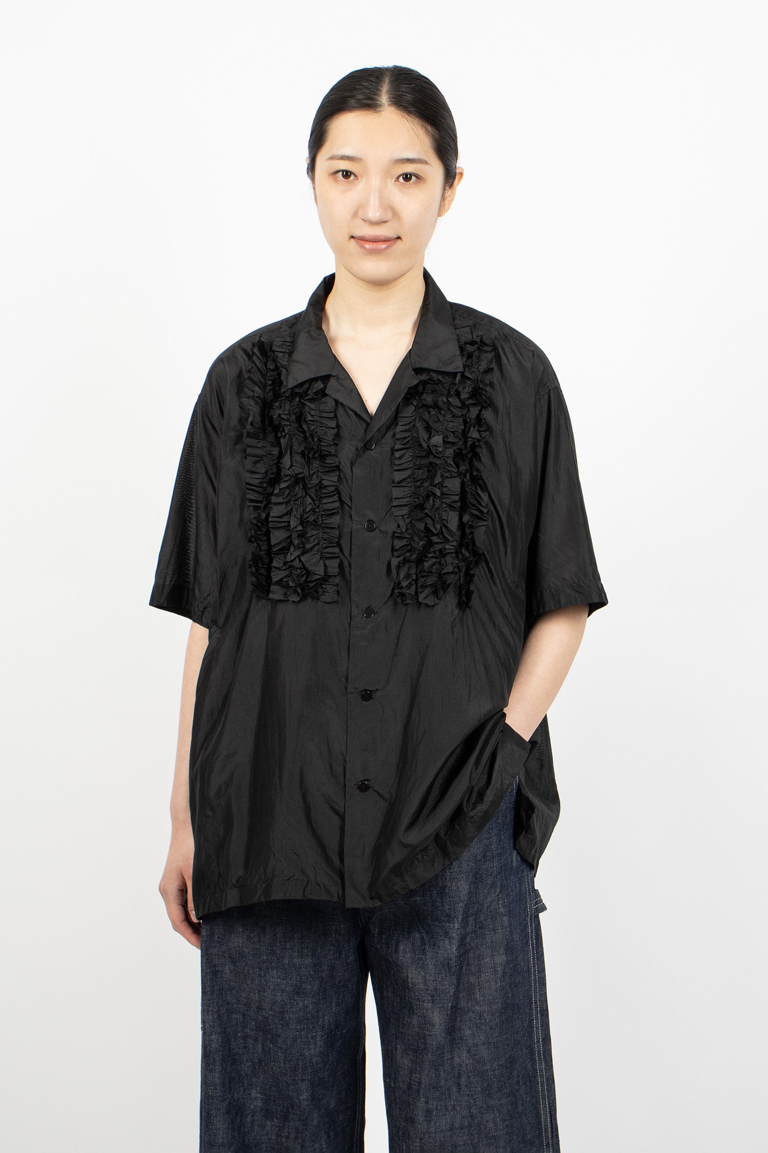 S/S Frill Silk Shirt Black