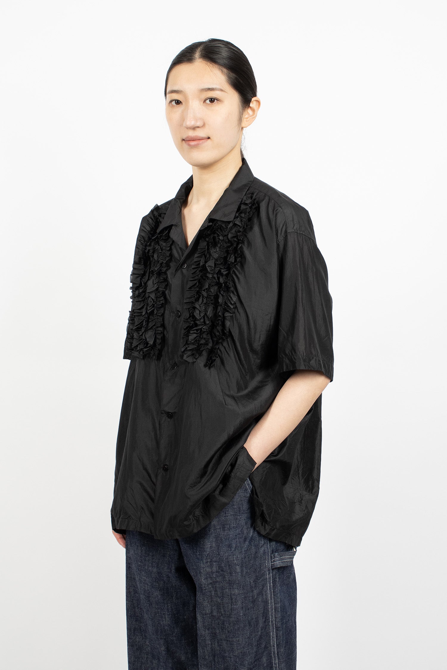 S/S Frill Silk Shirt Black