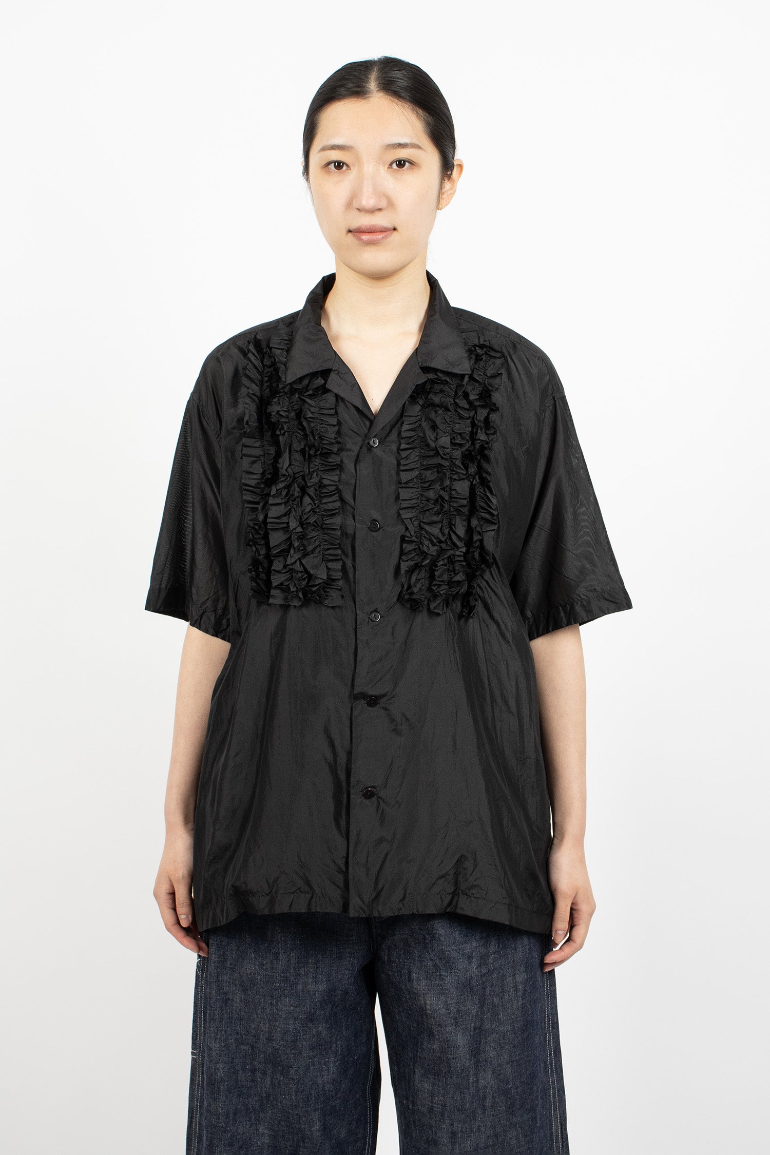 S/S Frill Silk Shirt Black