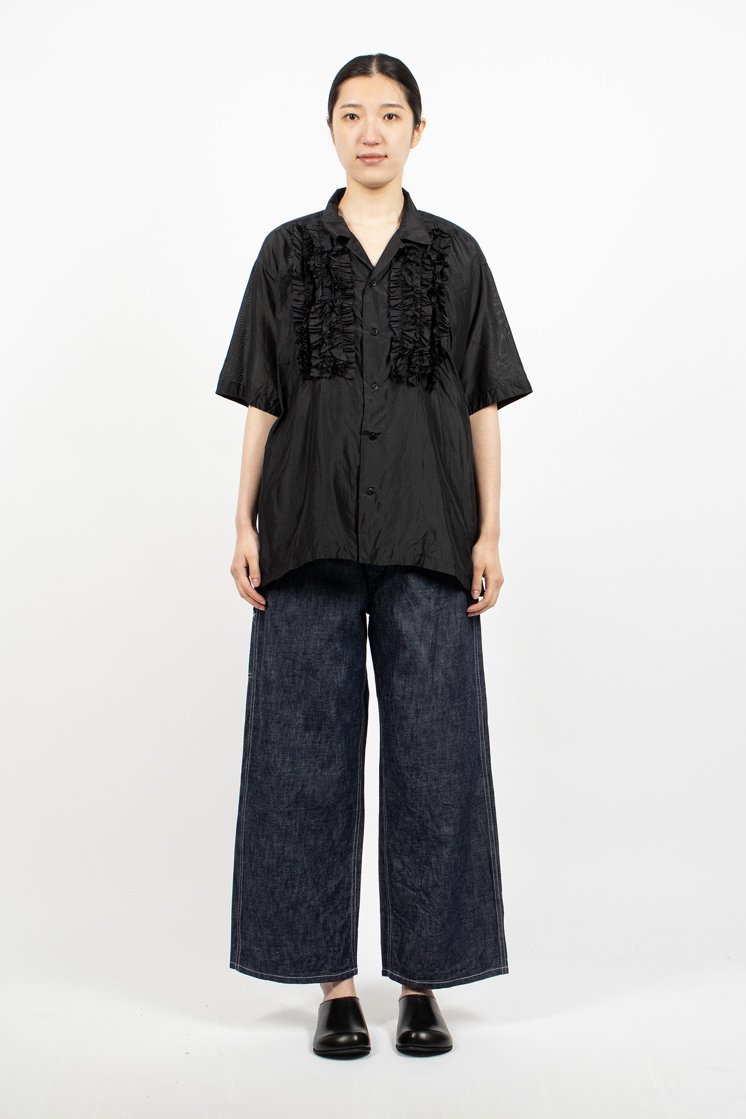 S/S Frill Silk Shirt Black
