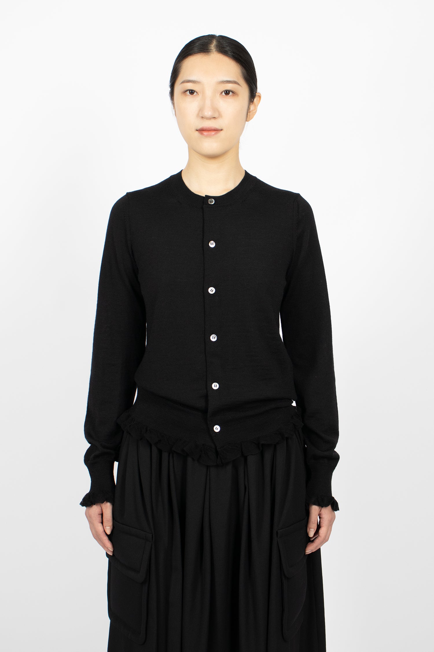 Frill Wool Cardigan Black