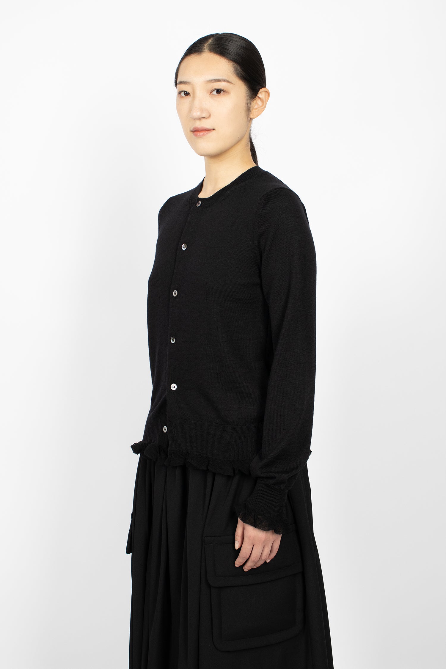 Frill Wool Cardigan Black