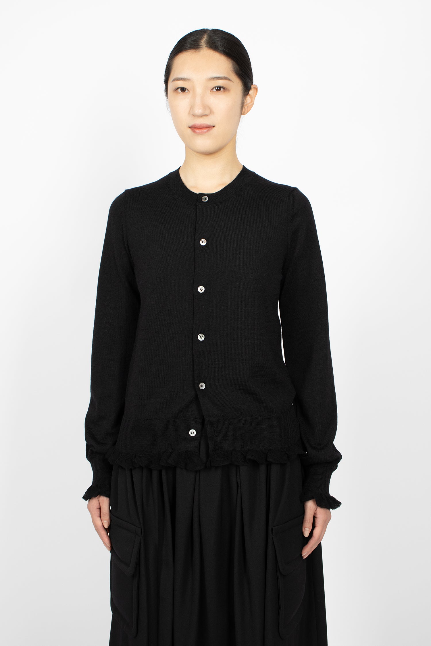 Frill Wool Cardigan Black