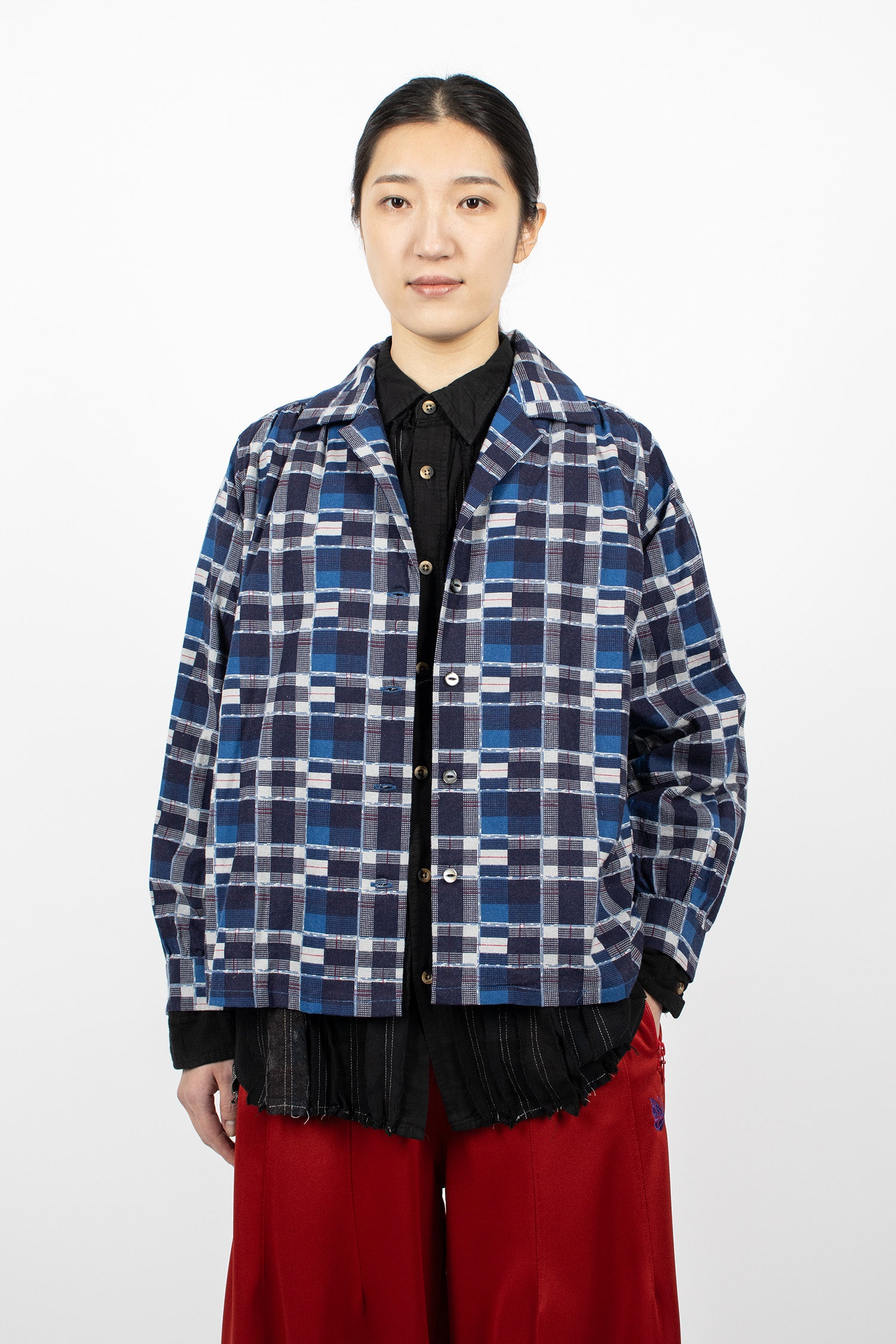 Gathered Flannel Blouse Navy/Plaid