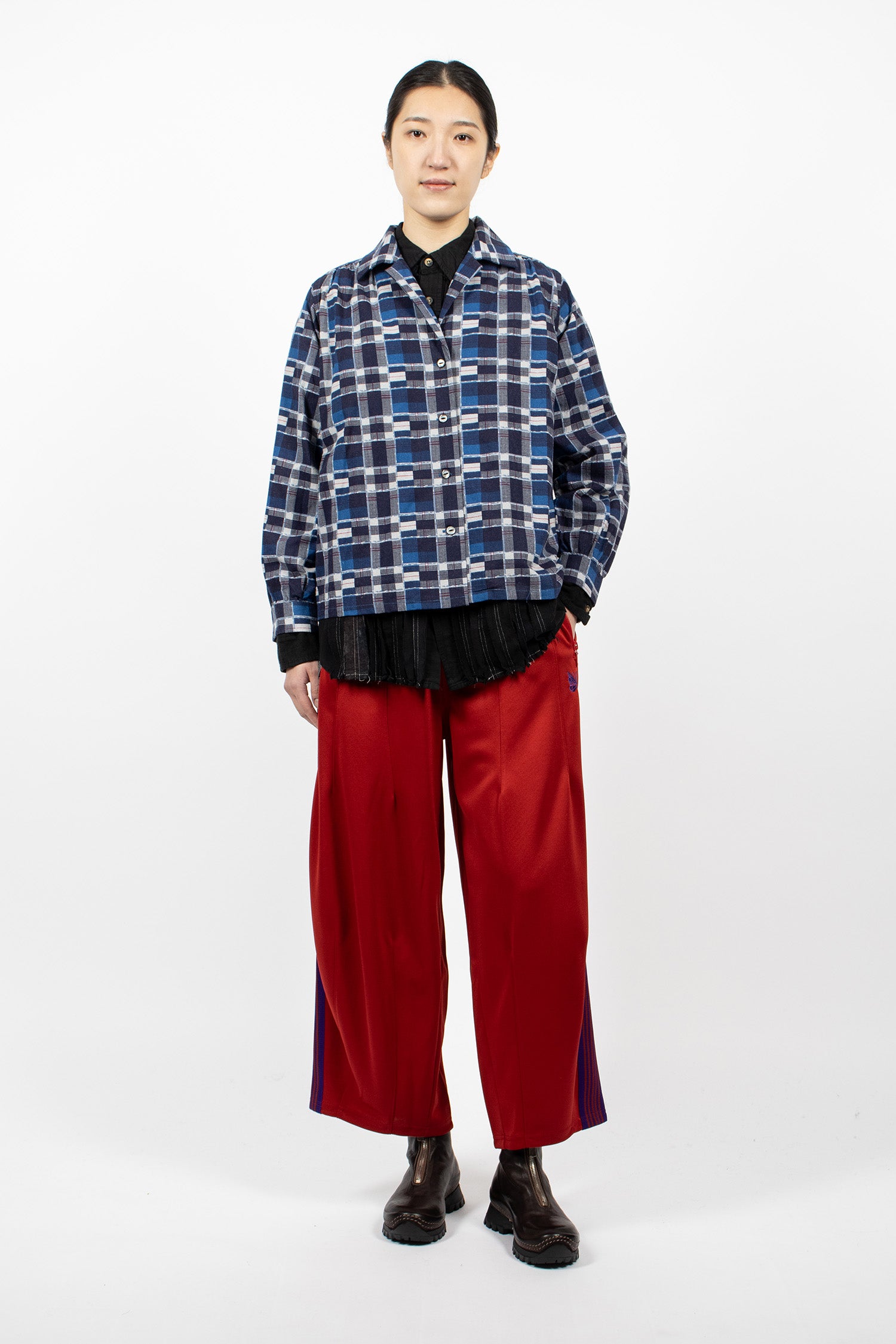 Gathered Flannel Blouse Navy/Plaid