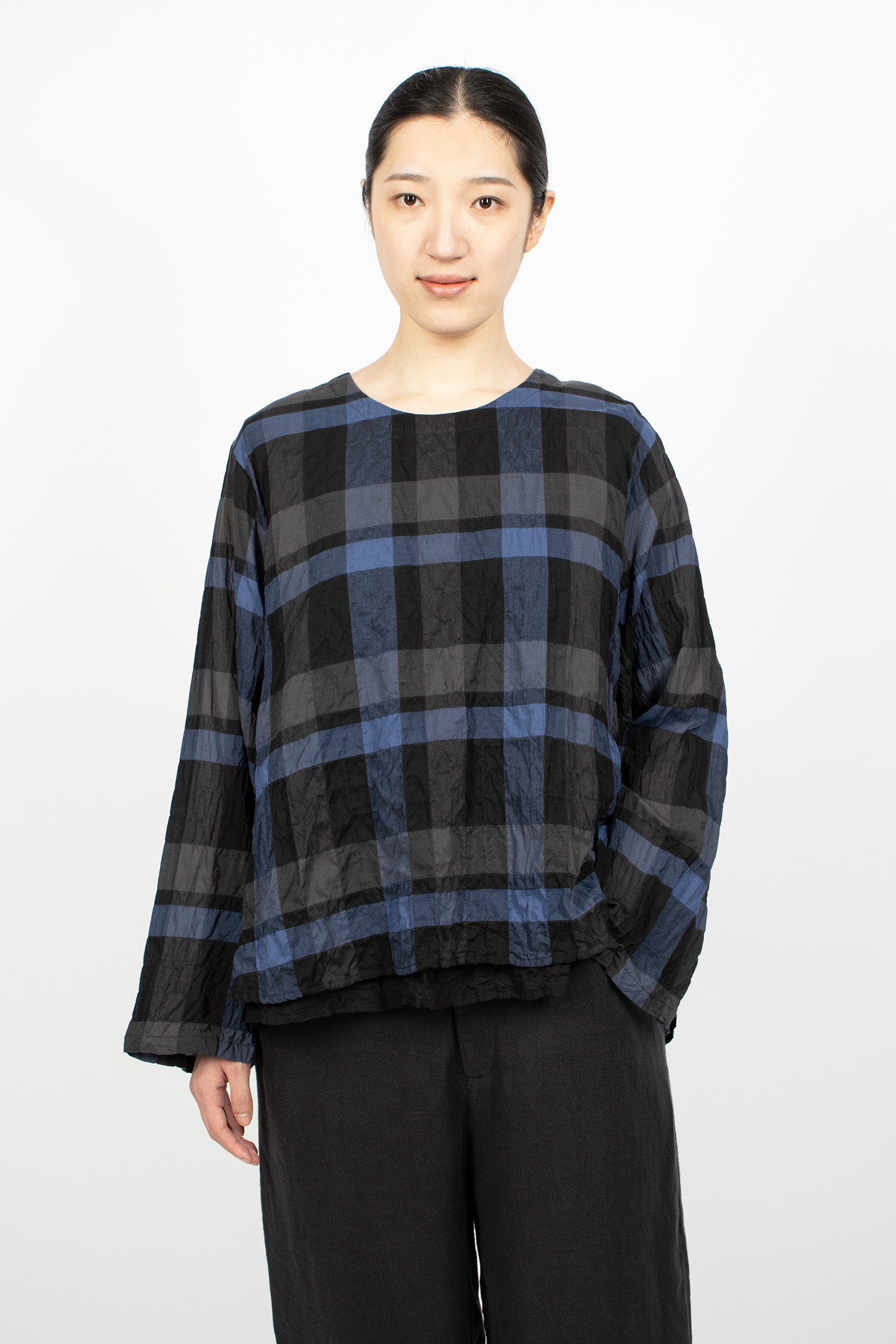 Layered Check Blouse Blue