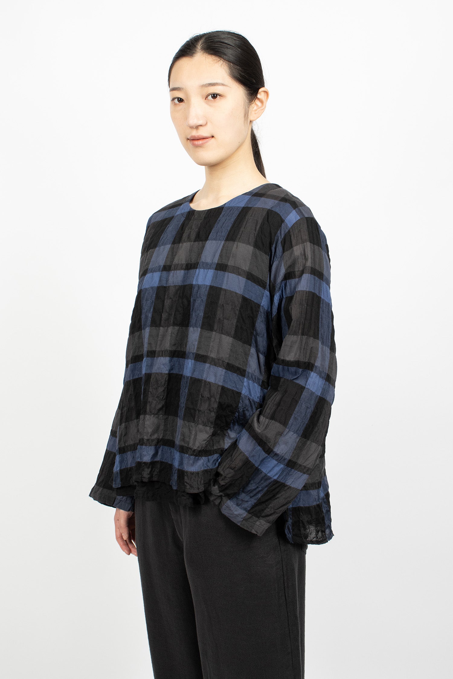 Layered Check Blouse Blue