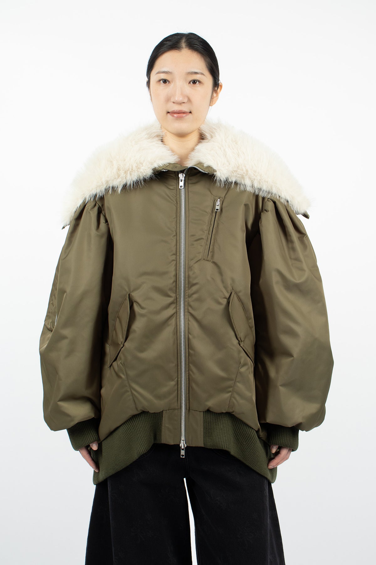 Oversized Split Faux Fur Hood Bomber Jacket Khaki/Blonde