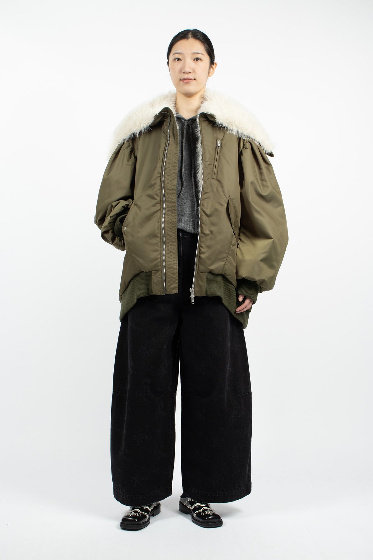 Oversized Split Faux Fur Hood Bomber Jacket Khaki/Blonde