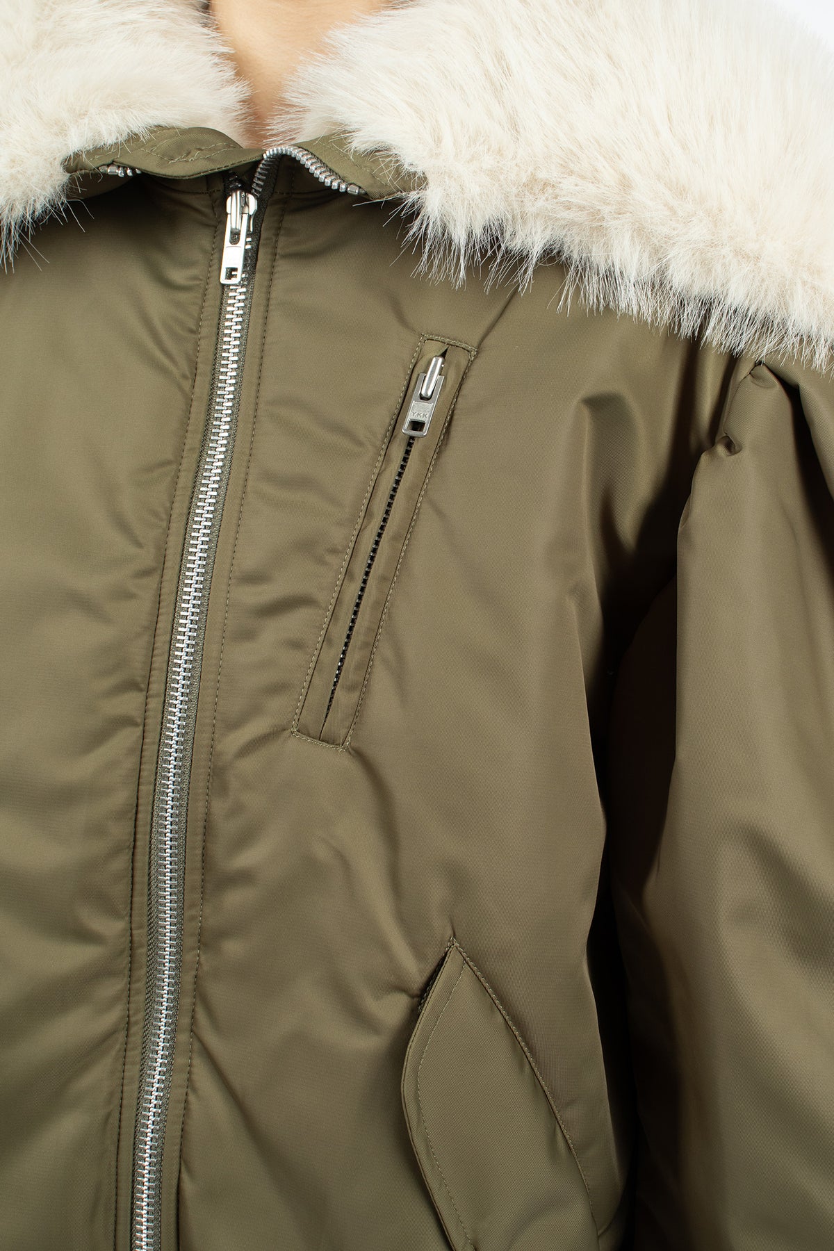 Oversized Split Faux Fur Hood Bomber Jacket Khaki/Blonde