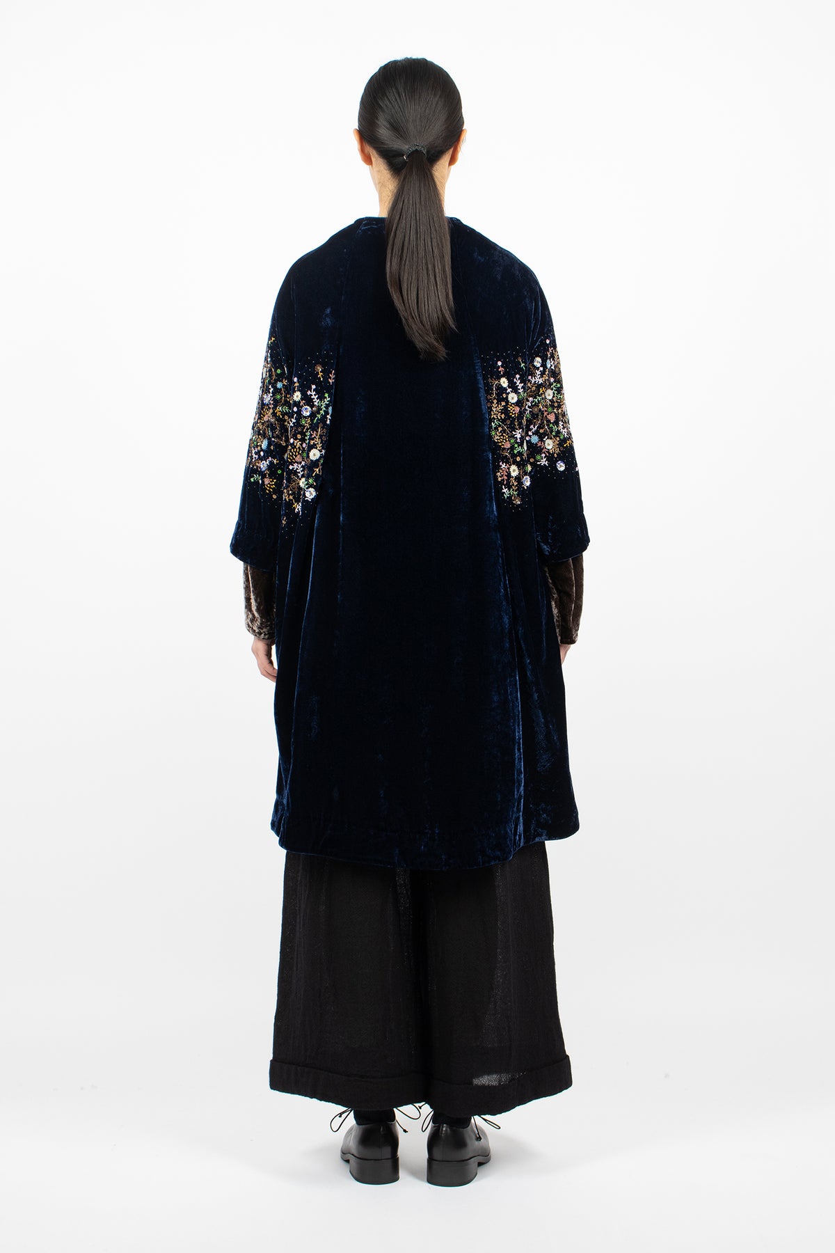 Garden Embroidery Loose Coat Tanzanite Velvet