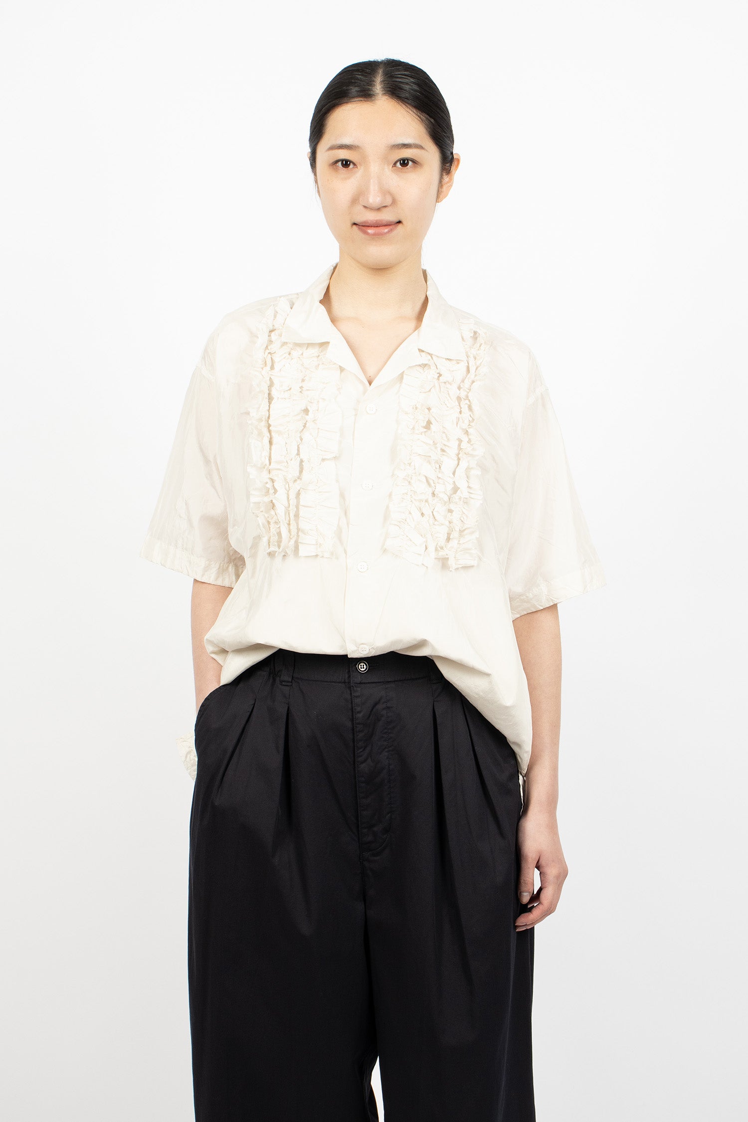 S/S Frill Silk Shirt Ivory