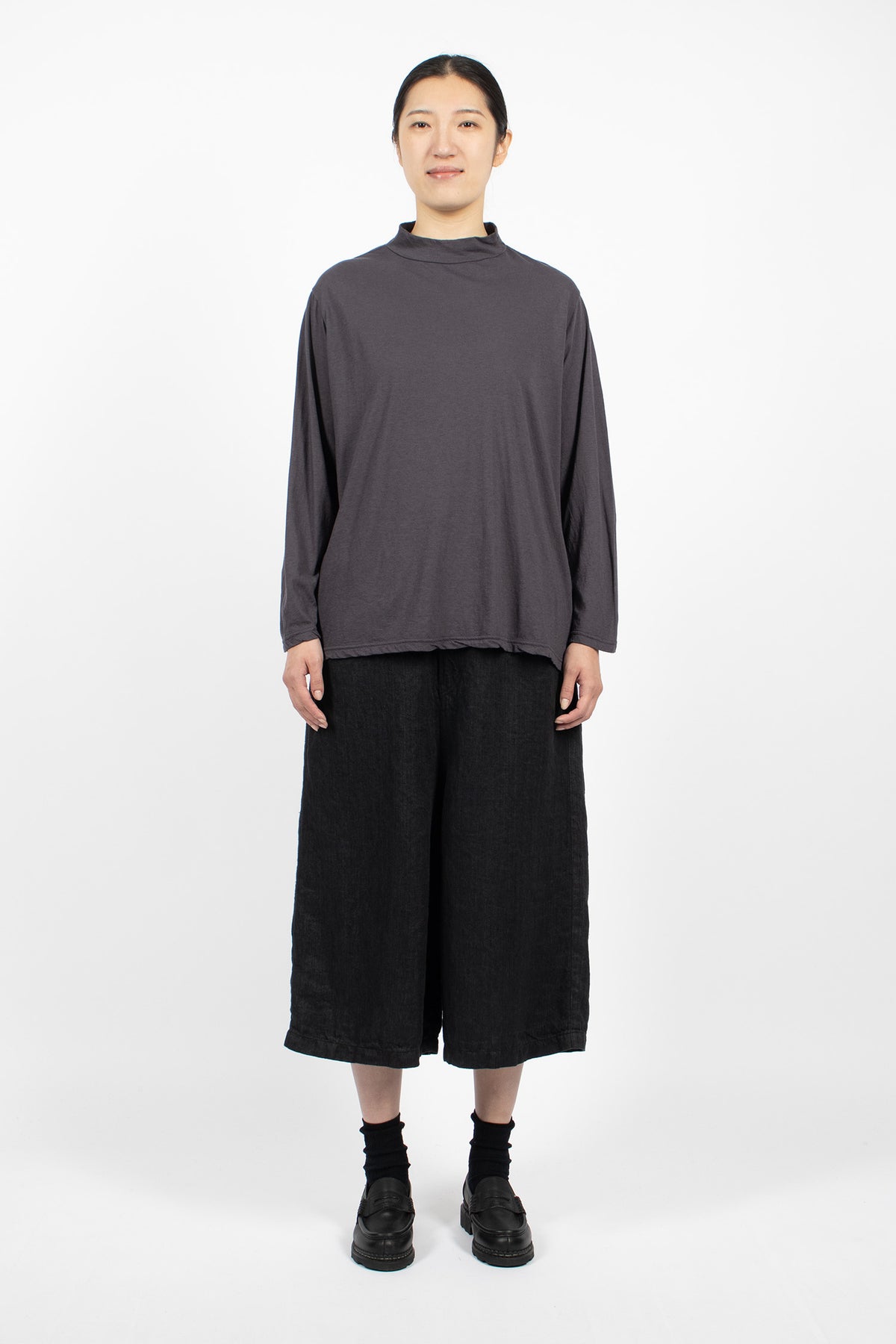 Cotton Silk Plainstitch Mock Neck Pullover Navy