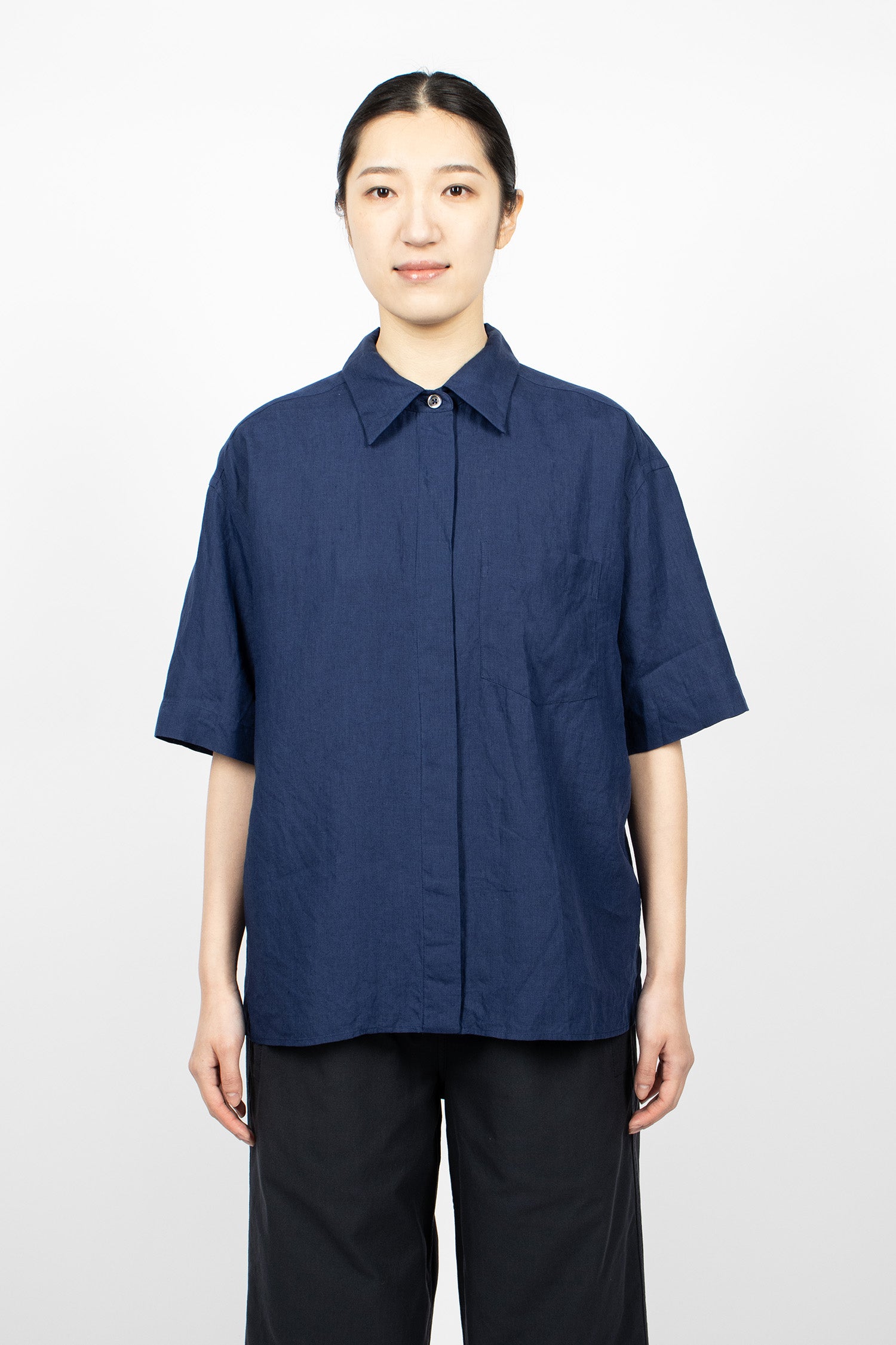 Short Sleeve Fly Placket Shirt Deep Blue