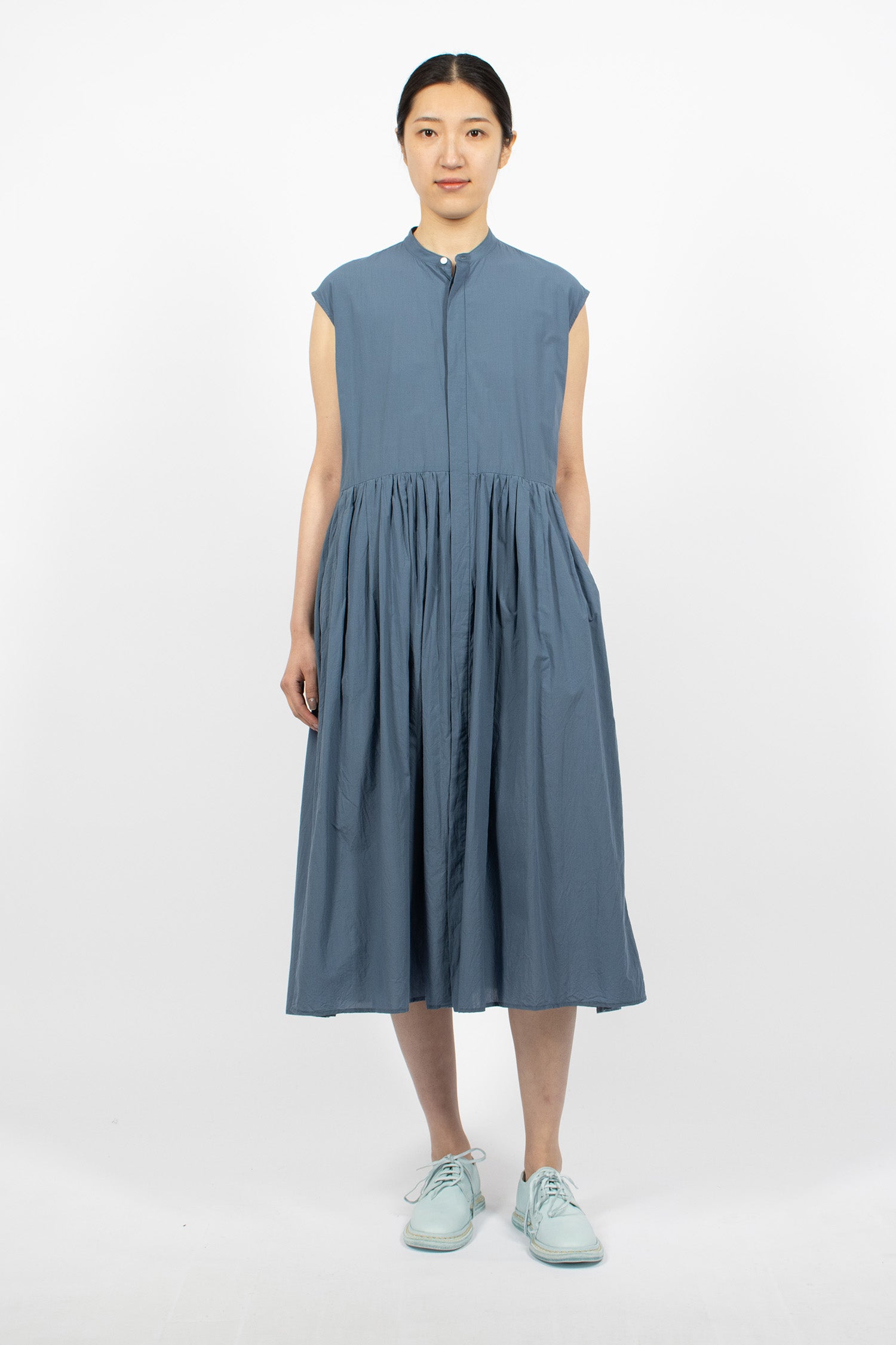 Sleeveless Pleated Shirt Dress Cement Blue