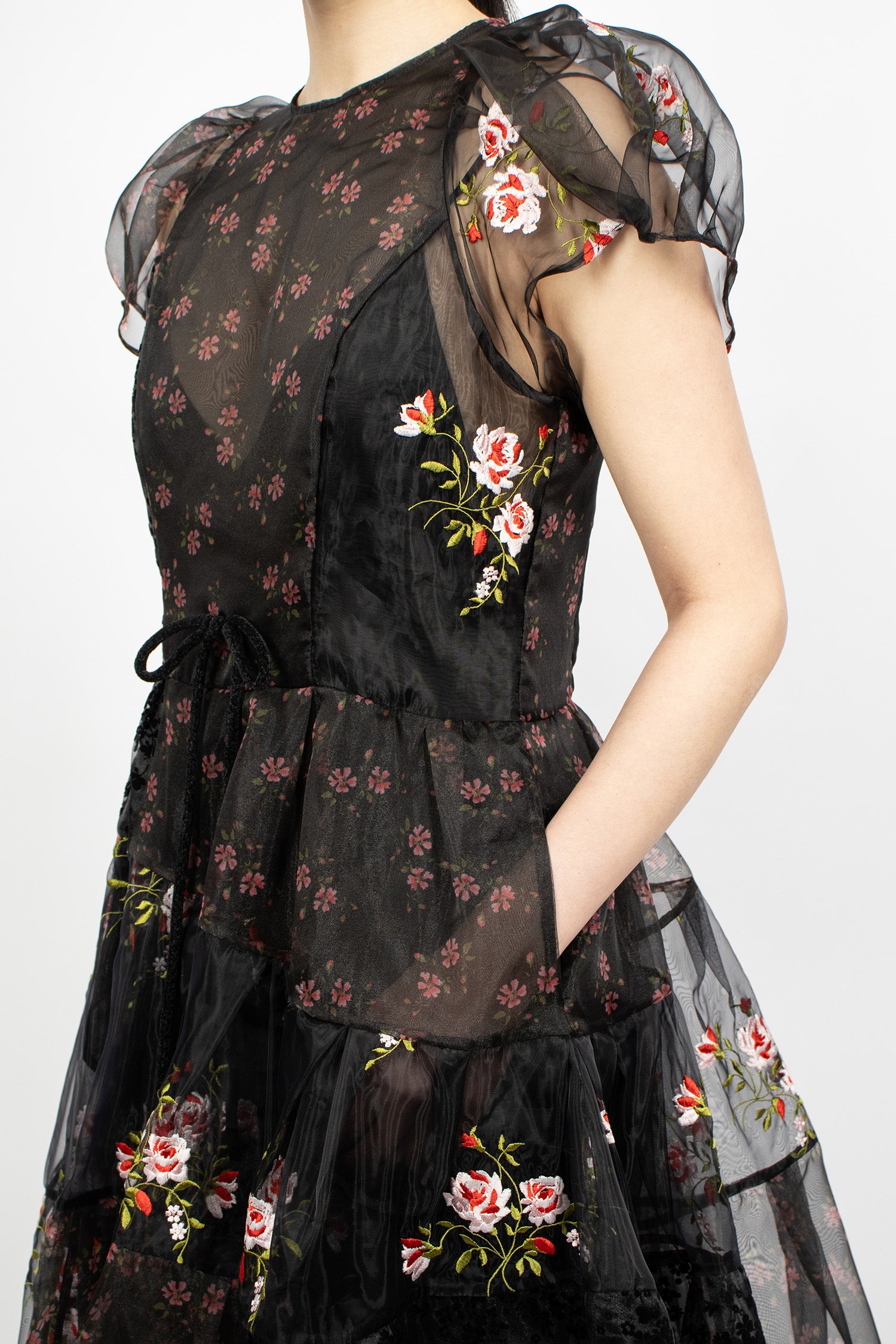 Sheer Puff Sleeve Patchwork Flounce Dress Black Patchwork/Black
