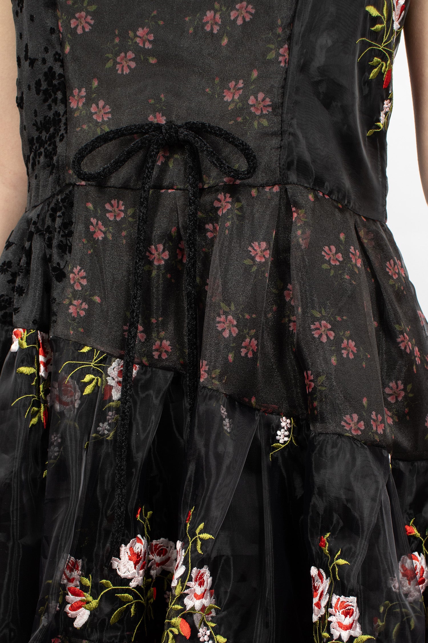 Sheer Puff Sleeve Patchwork Flounce Dress Black Patchwork/Black