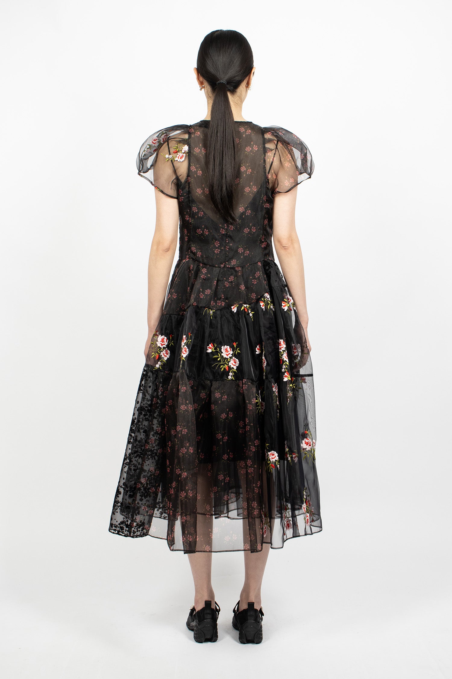 Sheer Puff Sleeve Patchwork Flounce Dress Black Patchwork/Black