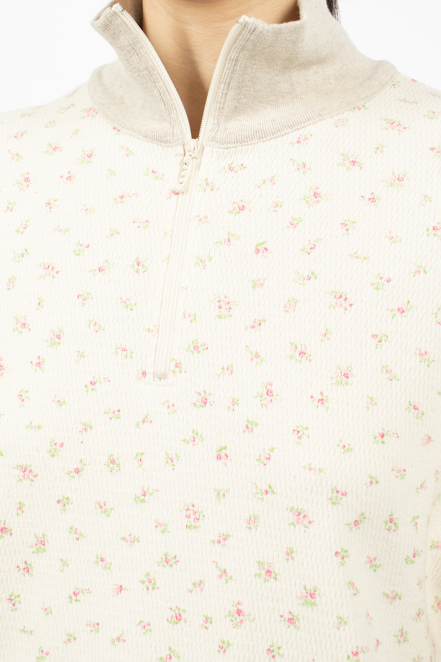 Waffle Callico Print Half Zip Jumper Pink