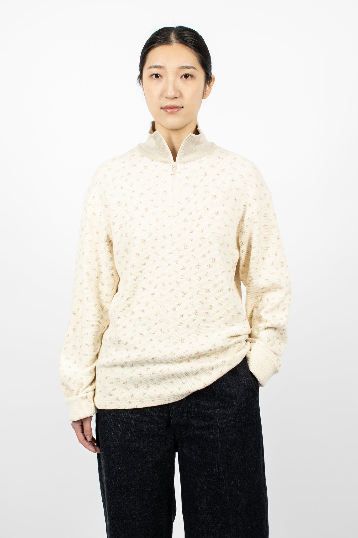 Waffle Callico Print Half Zip Jumper Pink