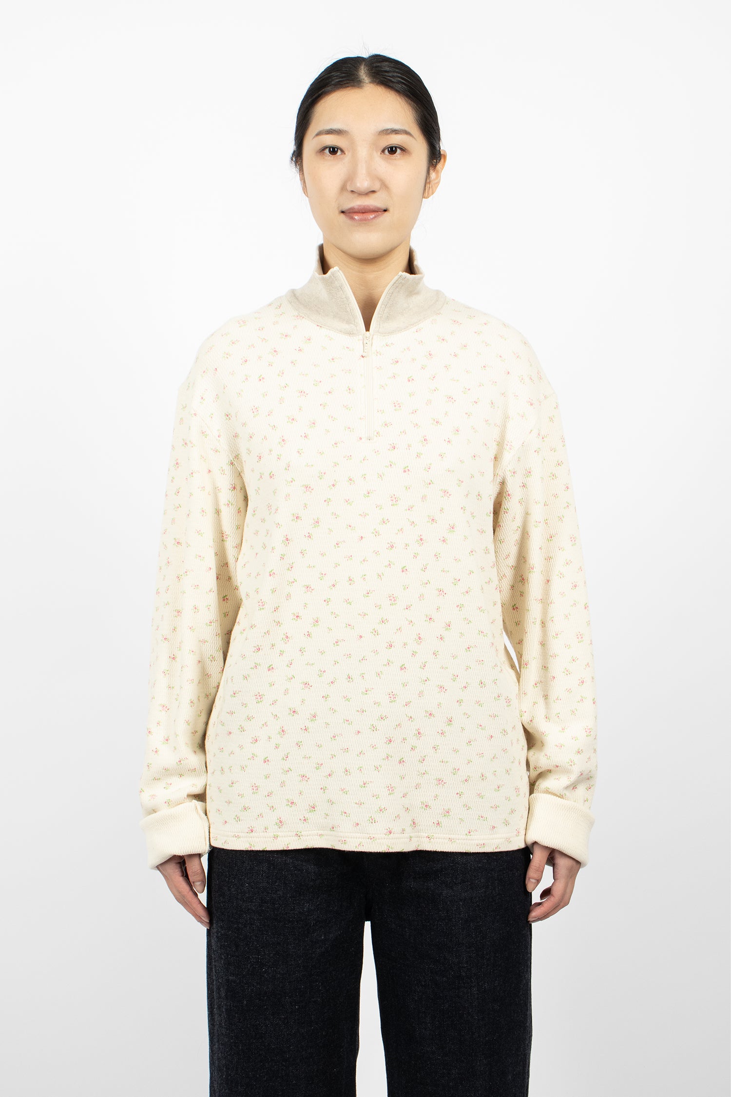 Waffle Callico Print Half Zip Jumper Pink