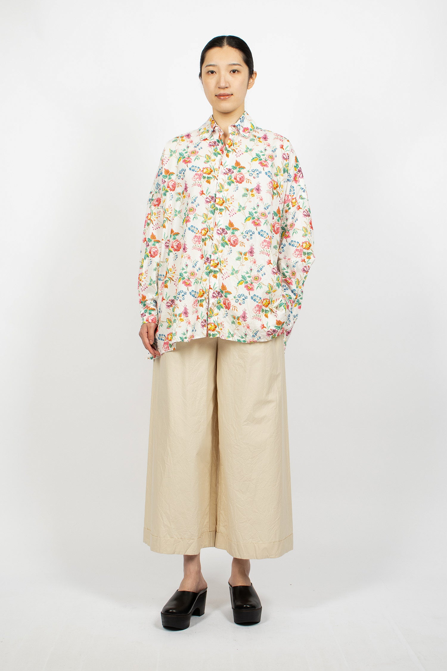 Washed Cotton Shirt White/Big Roses