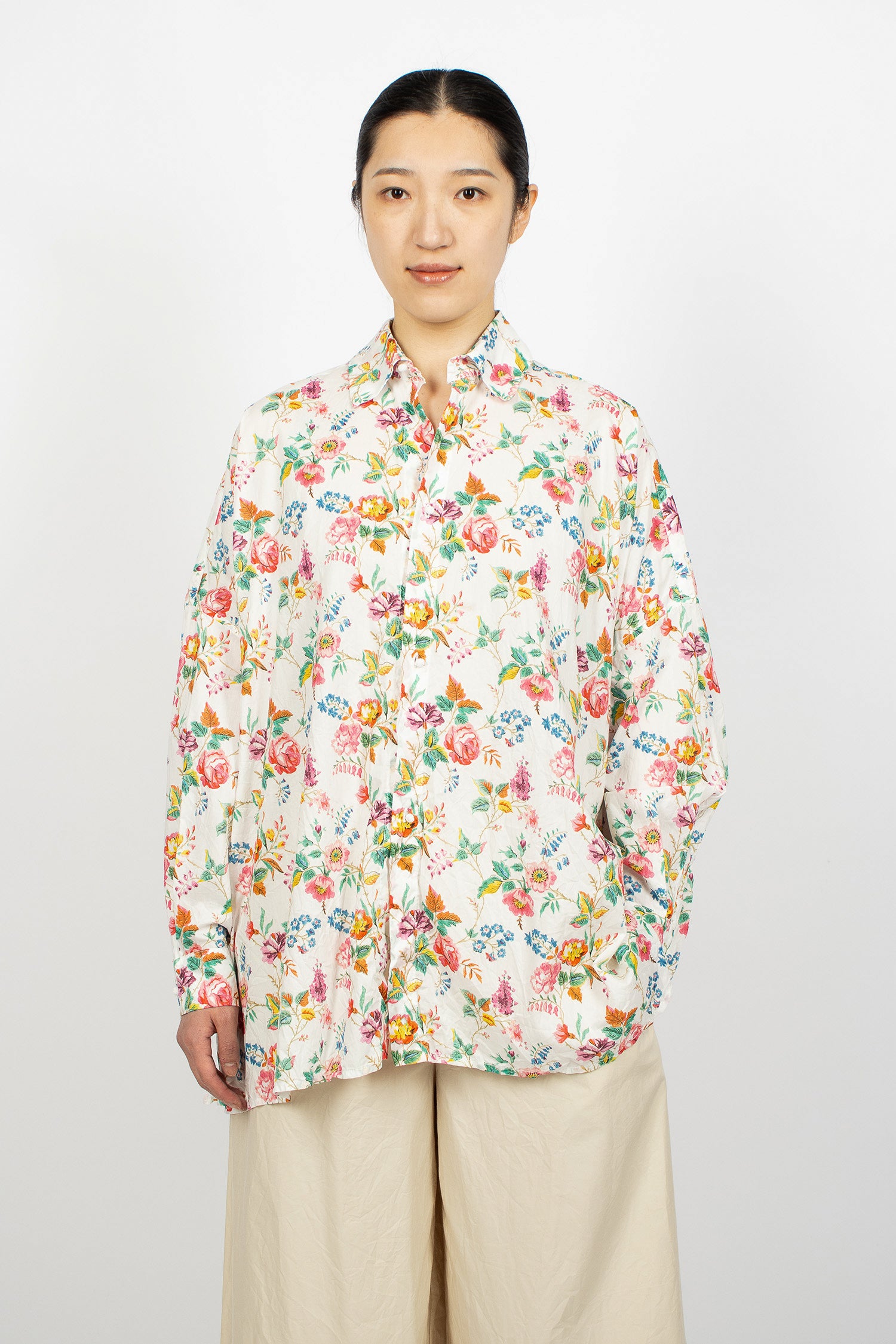 Washed Cotton Shirt White/Big Roses