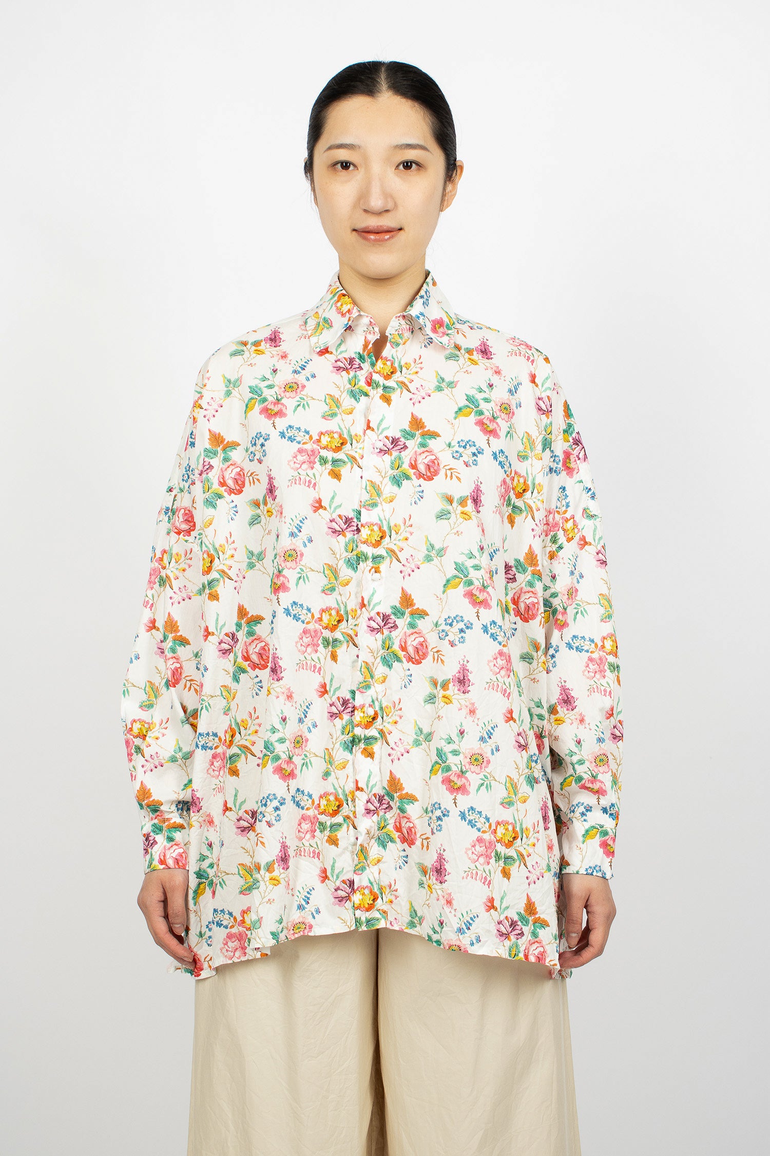 Washed Cotton Shirt White/Big Roses