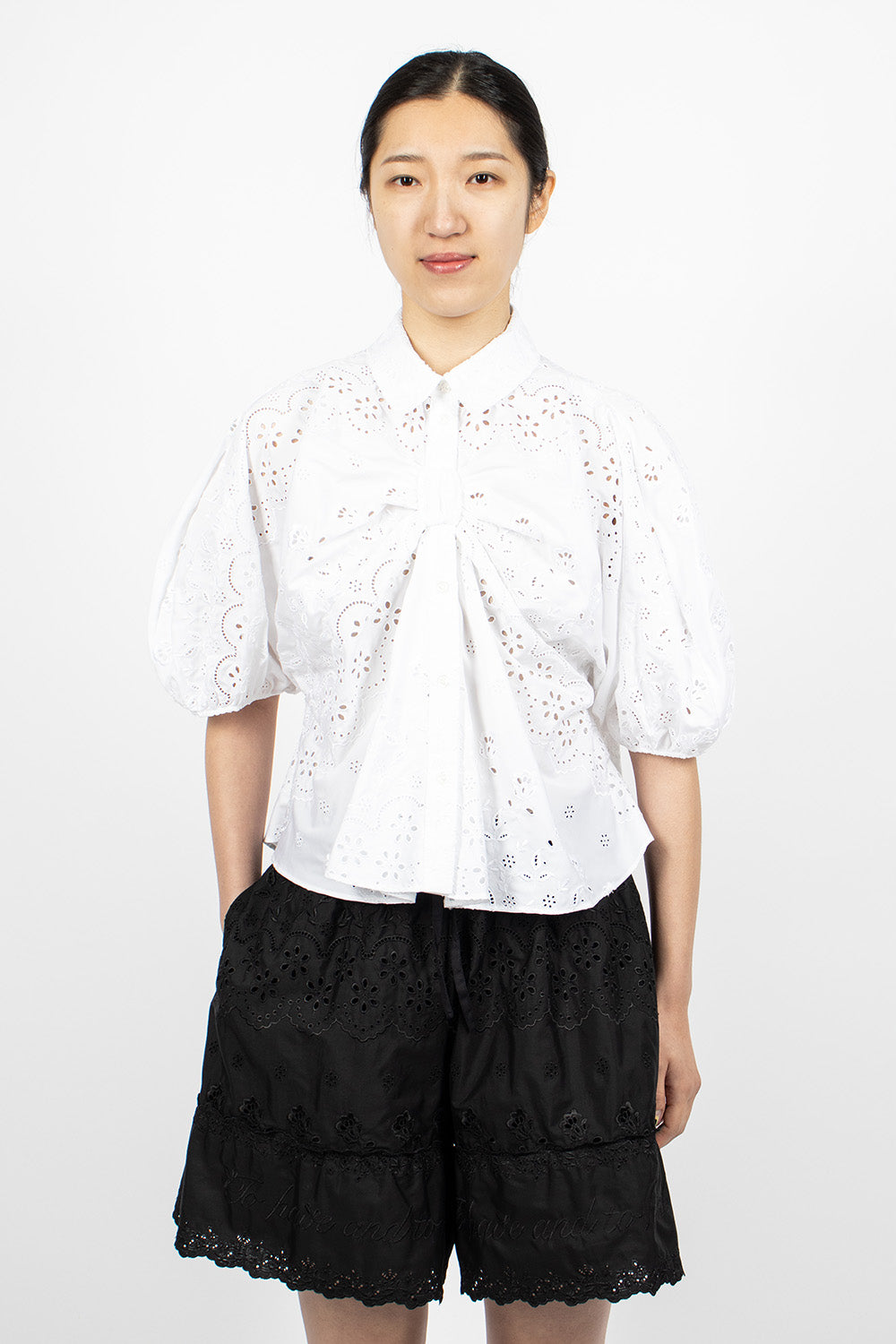 Front Bow Gathered Puff Sleeve Shirt White