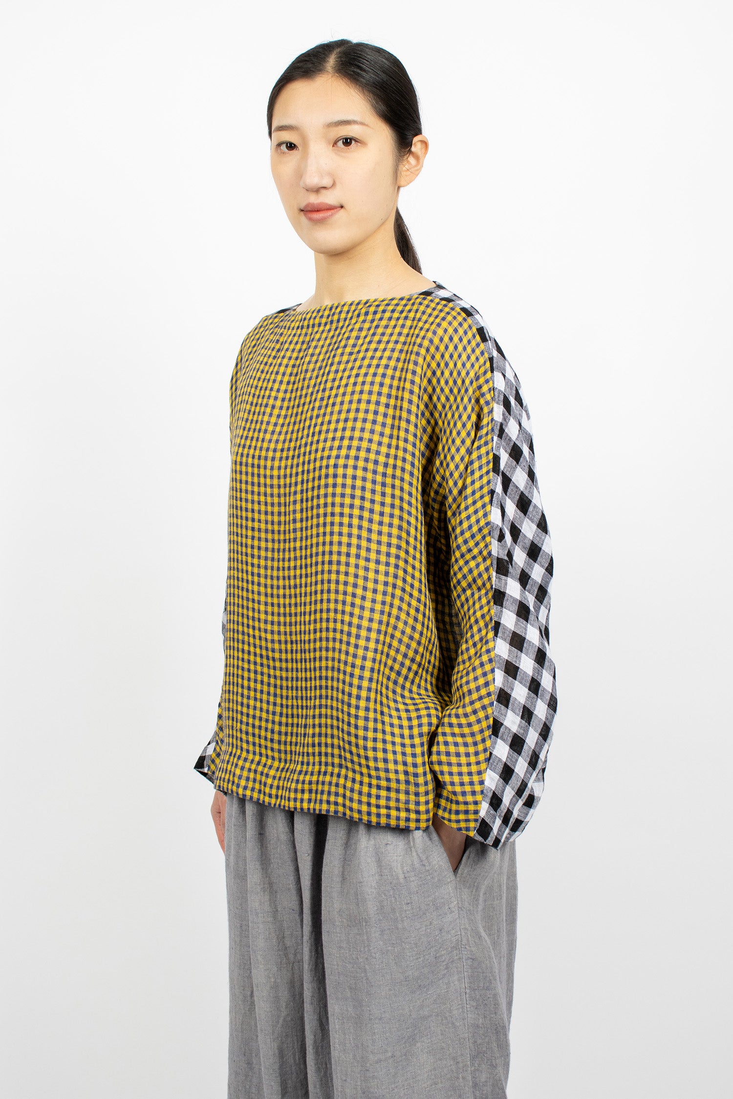 Two Tone Boatneck Blouse Check