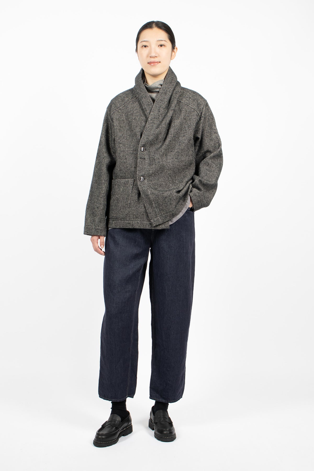 Shawl Collar Wool Linen Asymmetric Jacket Charcoal