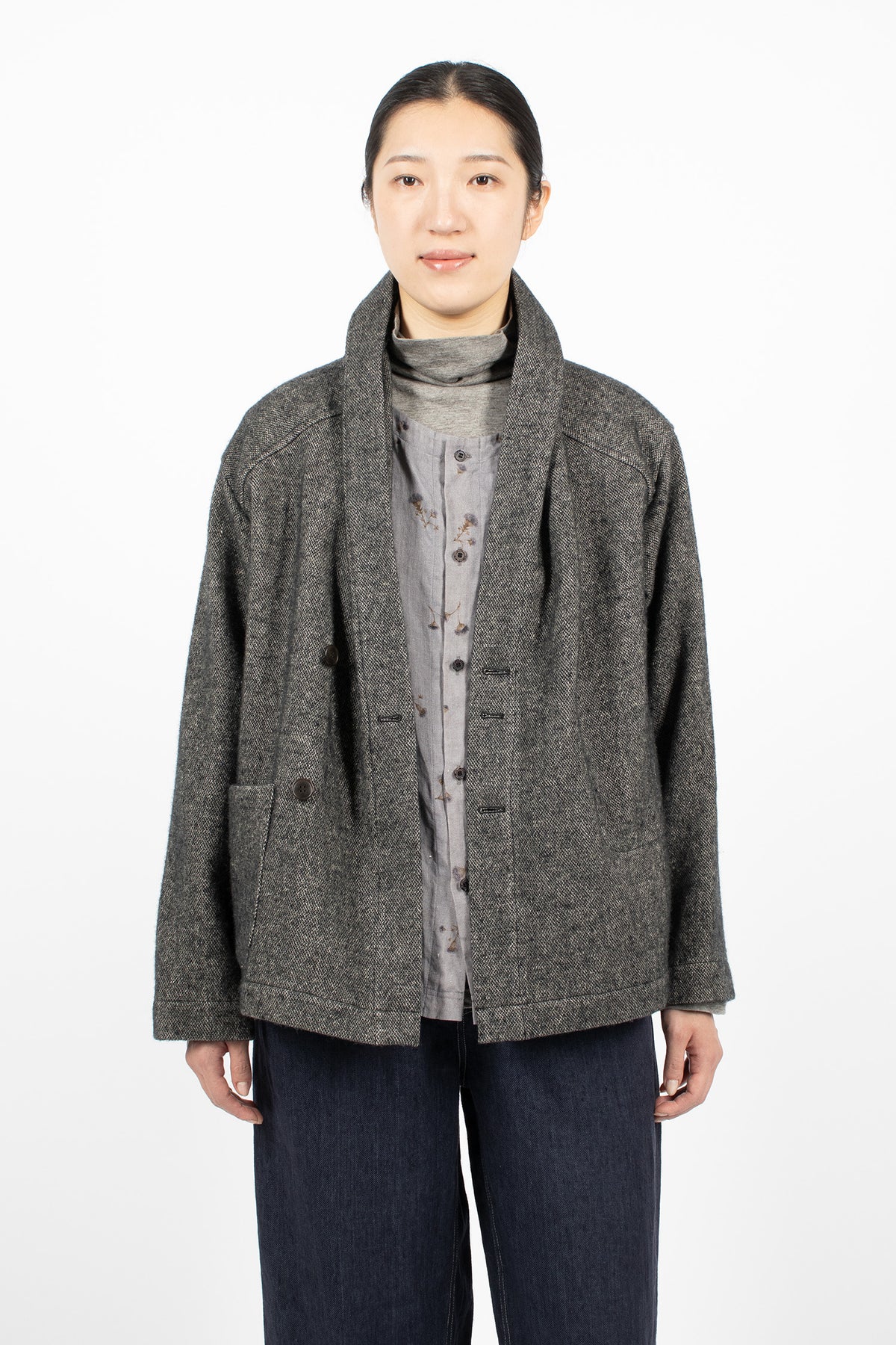 Shawl Collar Wool Linen Asymmetric Jacket Charcoal